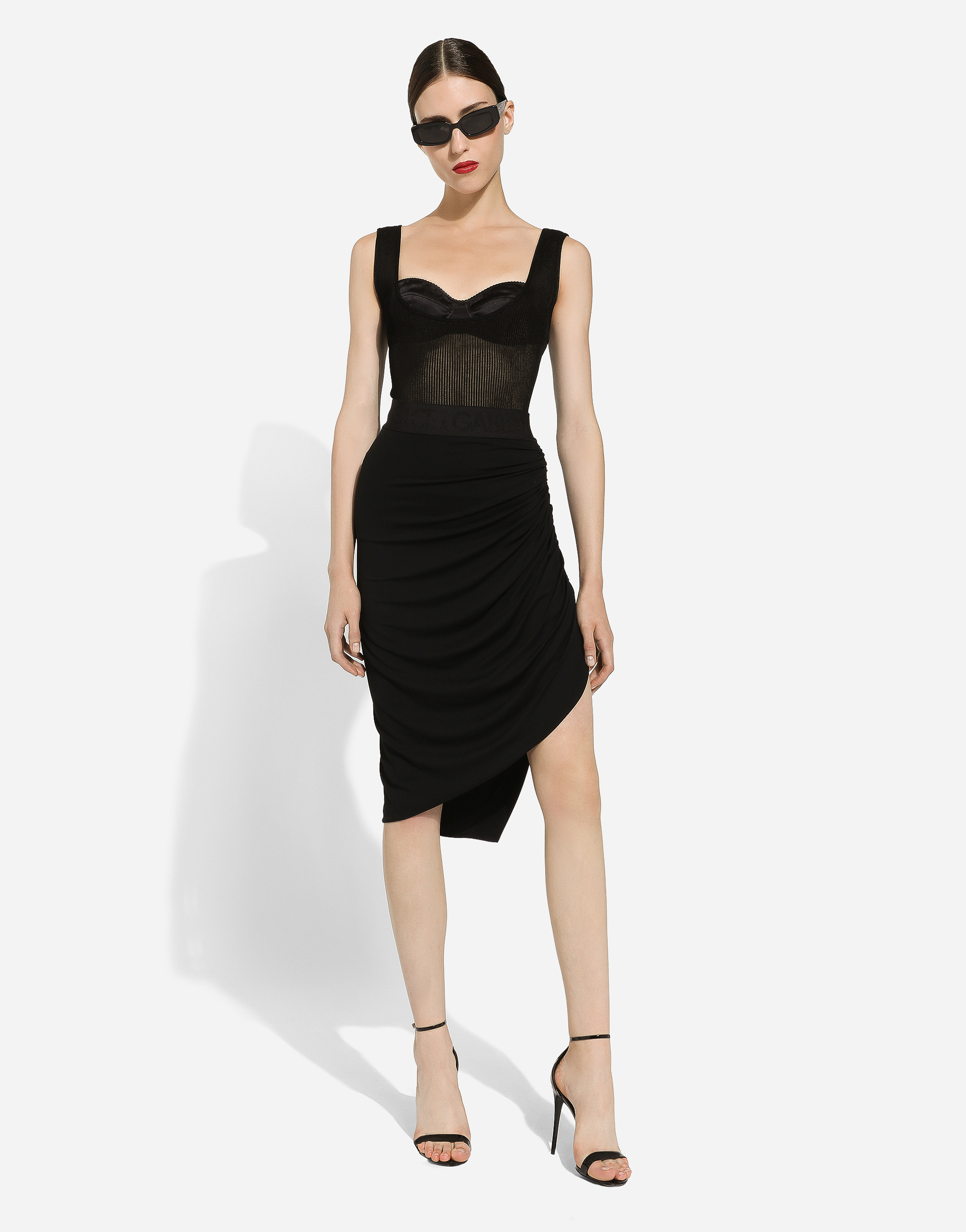 Dolce & Gabbana High Waist Asymmetric Hem Ruched Skirt In Black