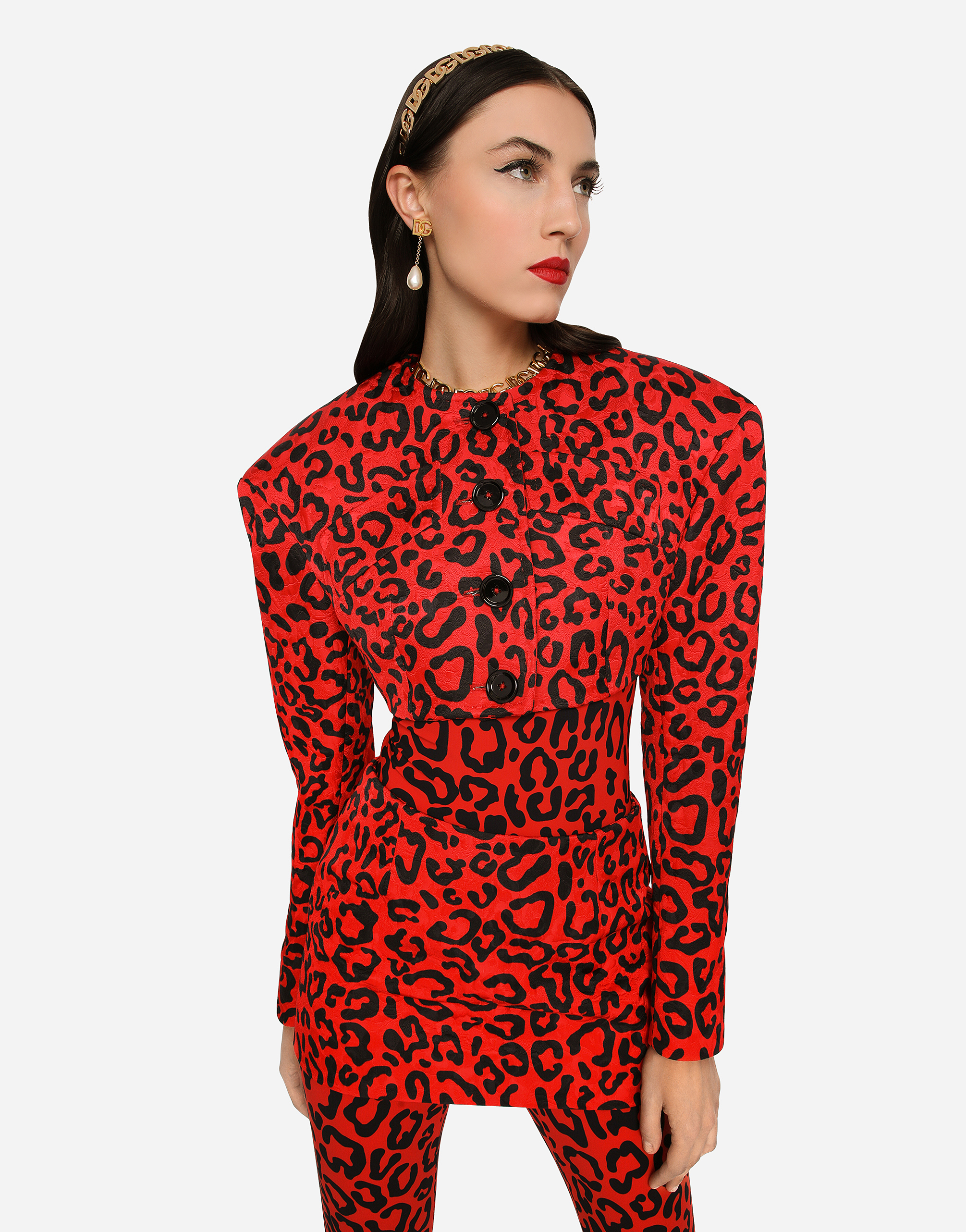 DOLCE & GABBANA CROPPED LEOPARD-PRINT BROCADE JACKET