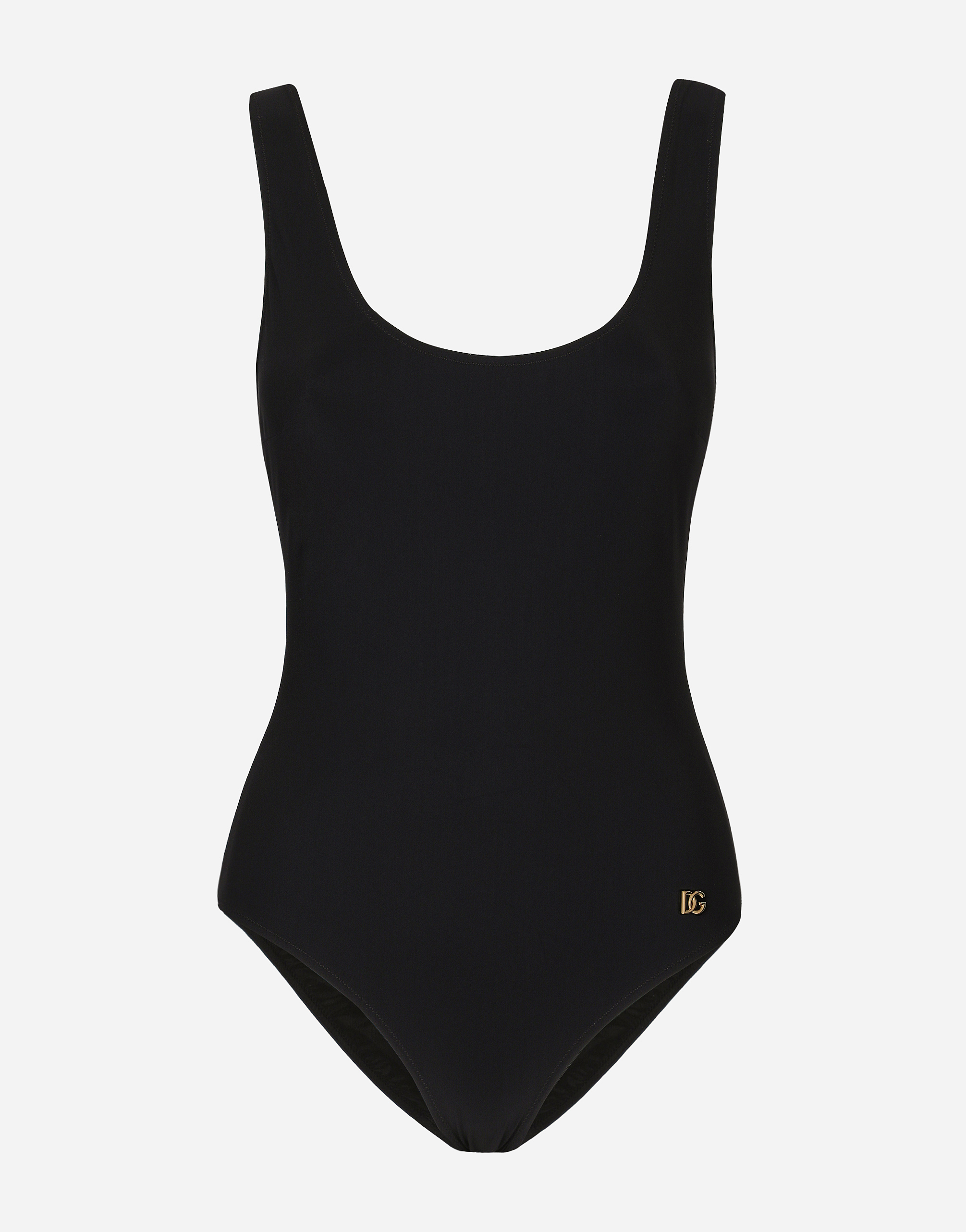 Dolce & Gabbana Logo-plaque Scoop-neck Swimsuit In Black