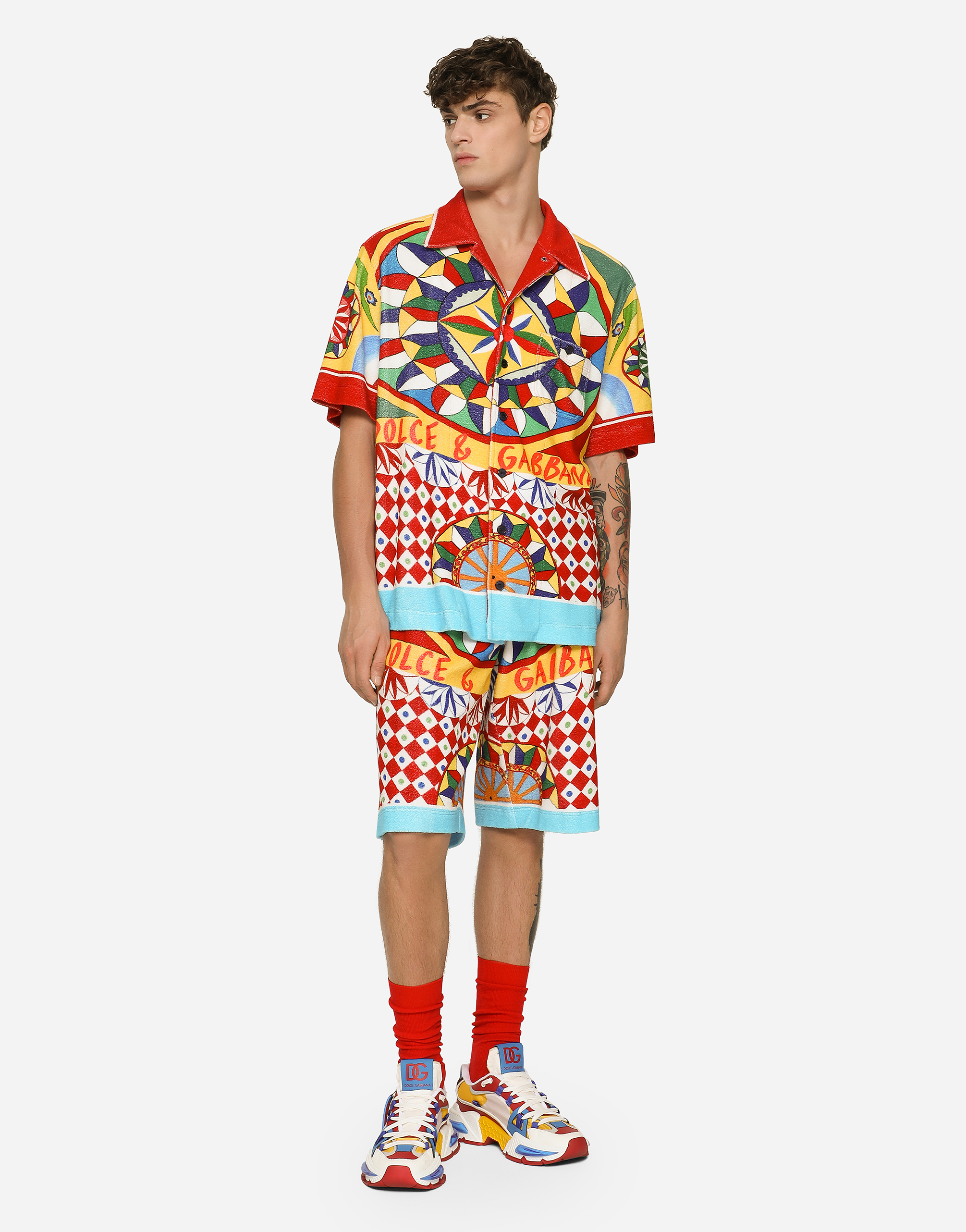 DOLCE & GABBANA TERRY JERSEY HAWAIIAN SHIRT WITH CARRETTO PRINT