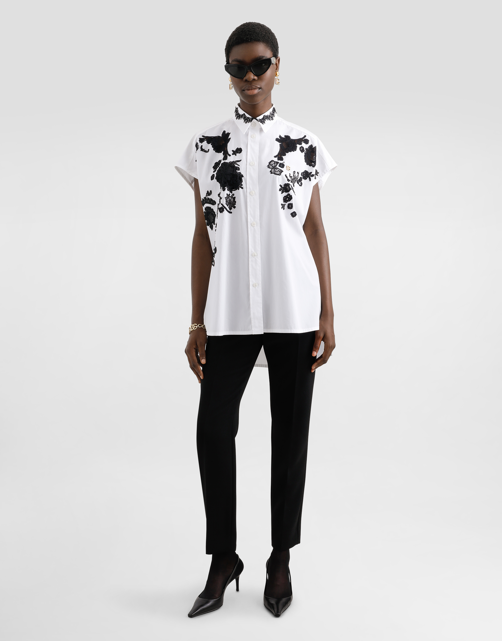 Dolce & Gabbana Oversize Cotton Poplin Shirt With Lace Appliqués In White