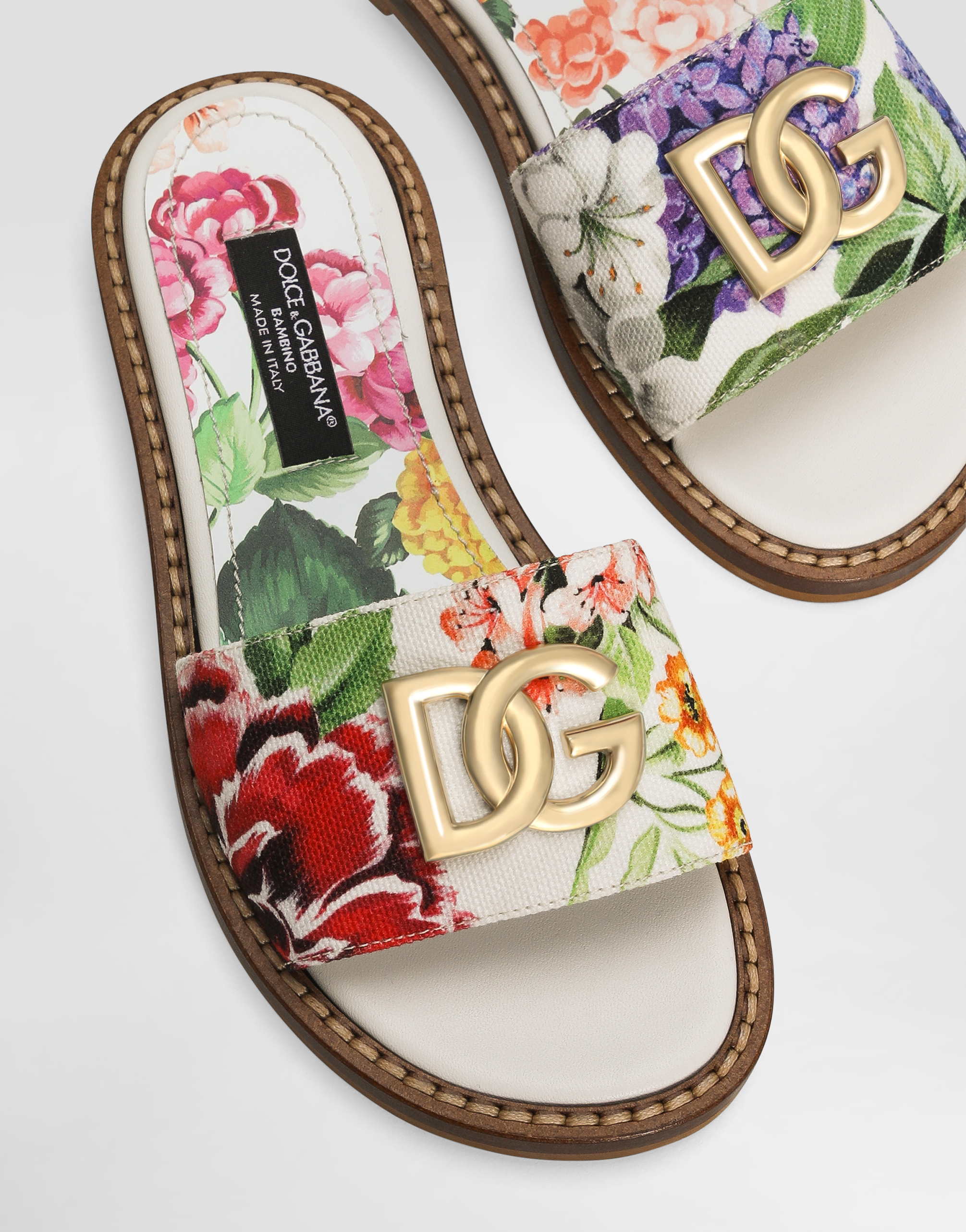 Dolce & Gabbana Flat Canvas Sliders With Flower And Dg Logo Print In プリ