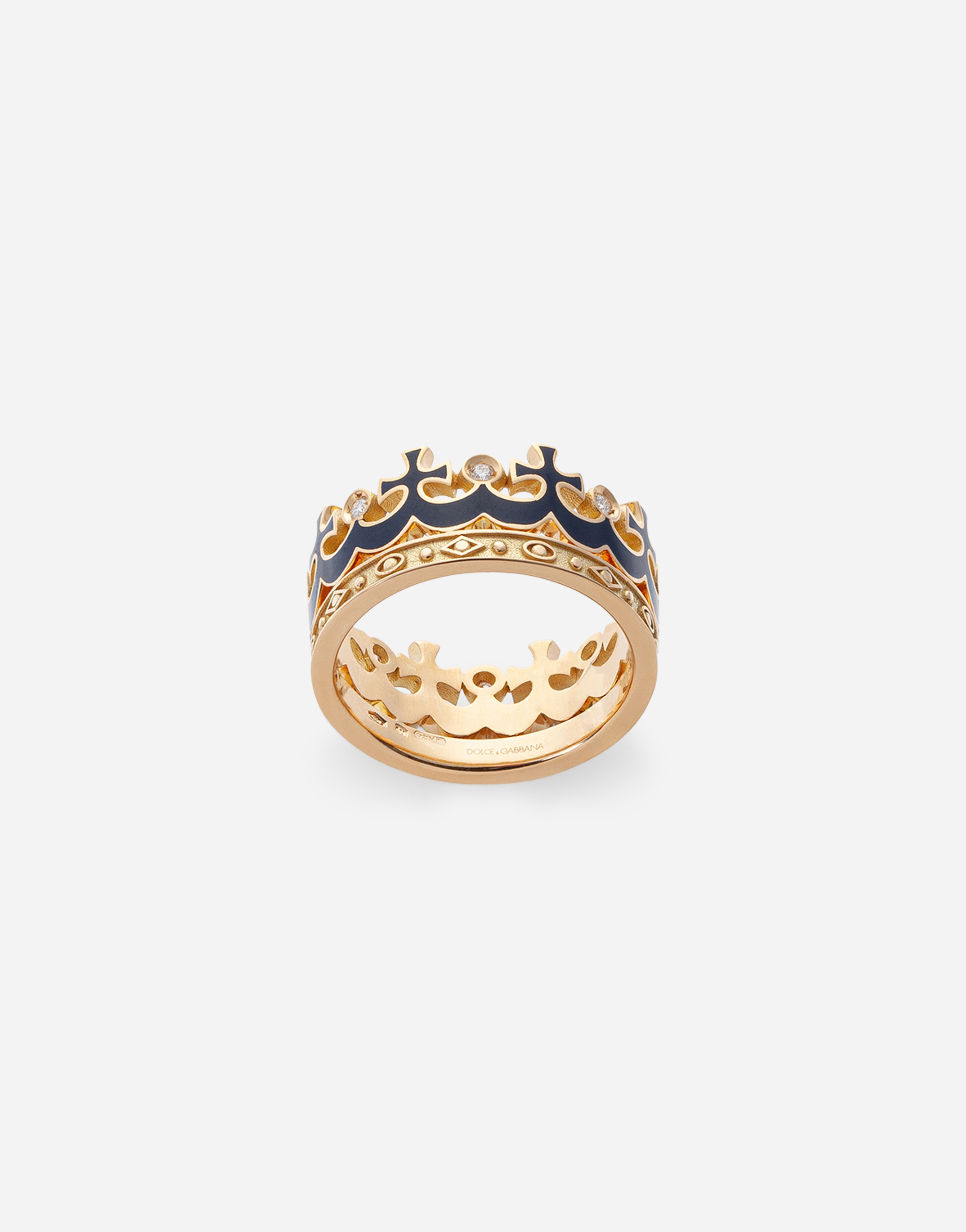 Dolce & Gabbana Crown Yellow Gold Ring With Blue Enamel Crown And Diamonds - Man Rings Gold