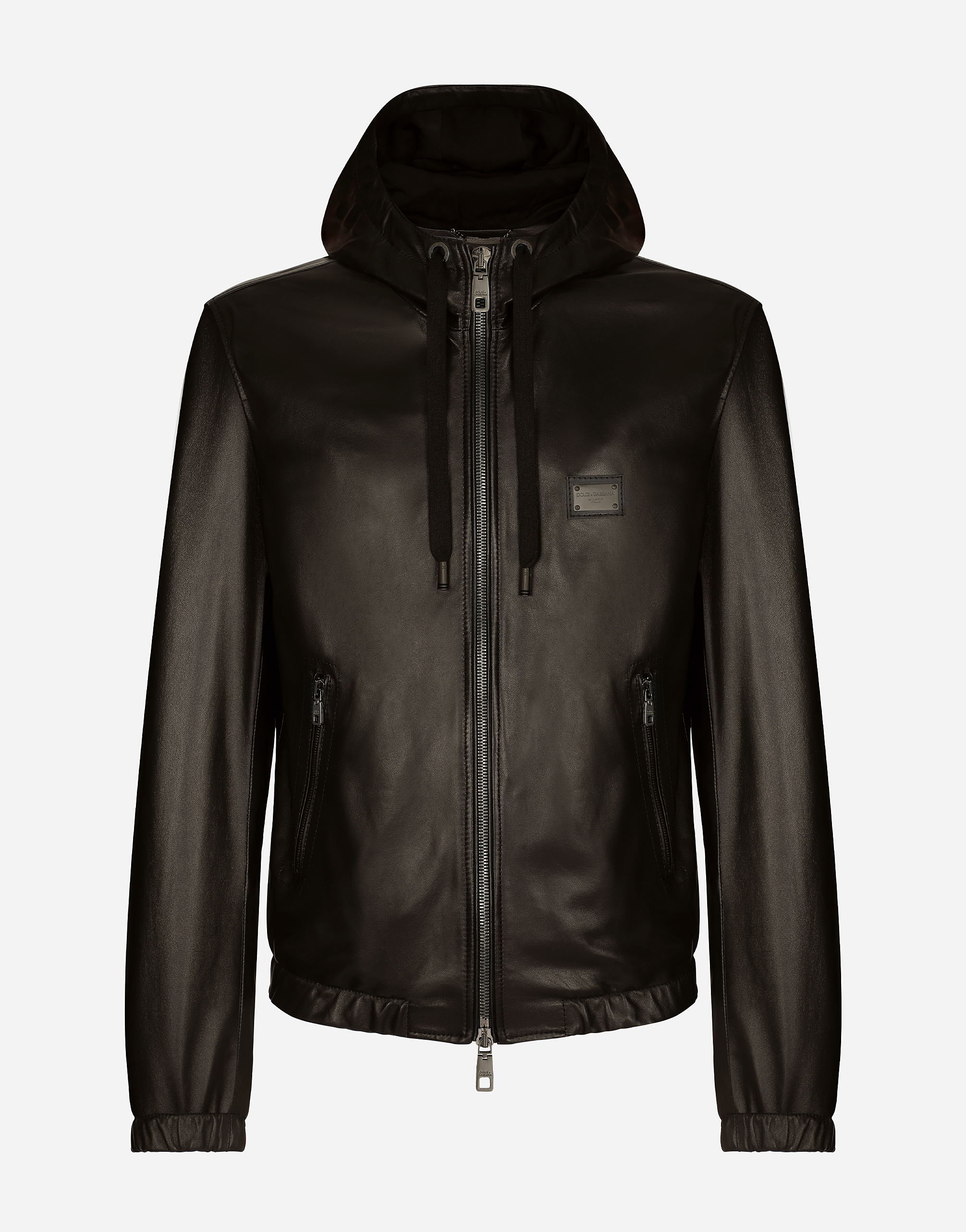 Shop Dolce & Gabbana Leather Jacket With Hood And Branded Tag In Black