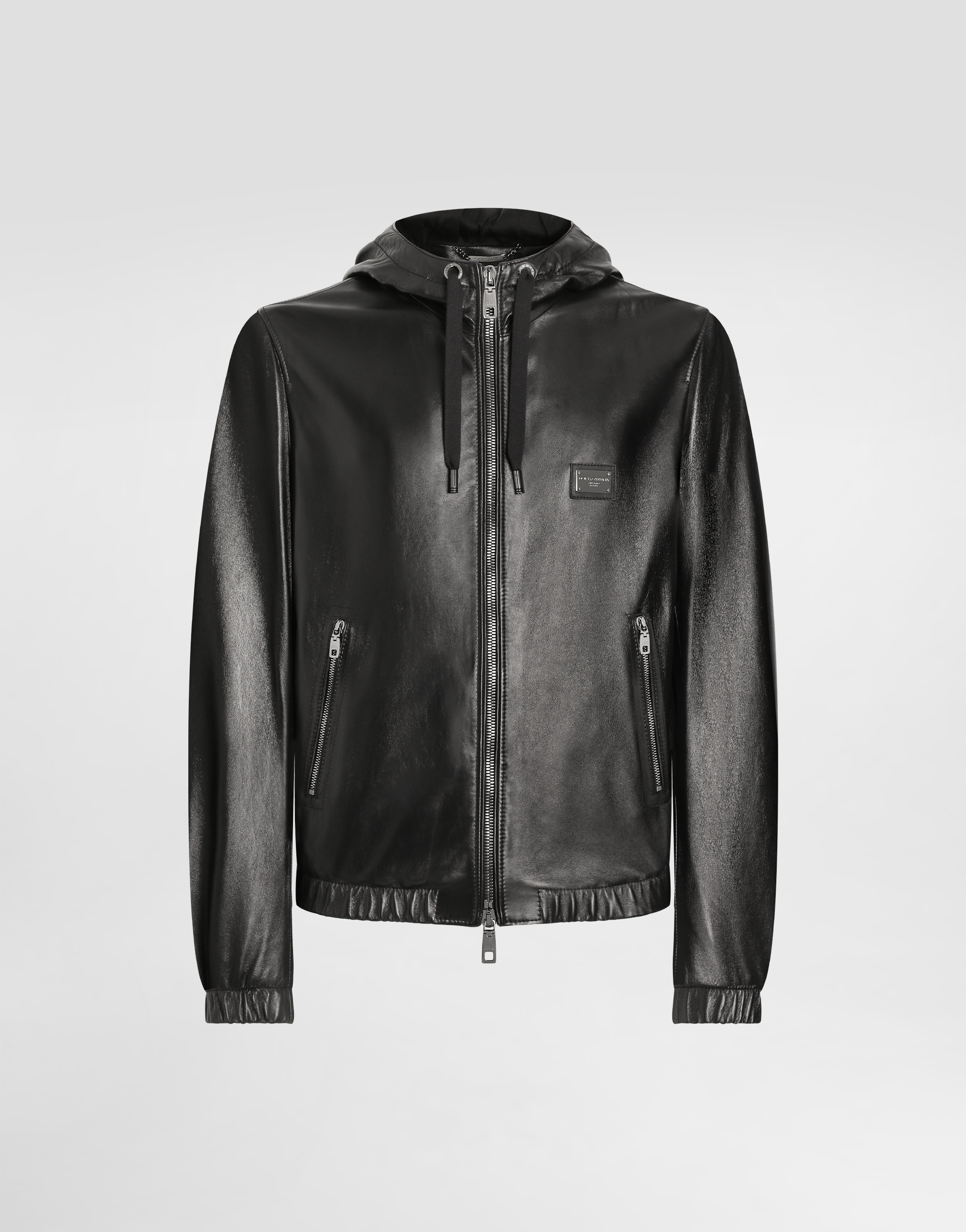 Dolce & Gabbana Leather Jacket With Hood And Branded Tag In Black