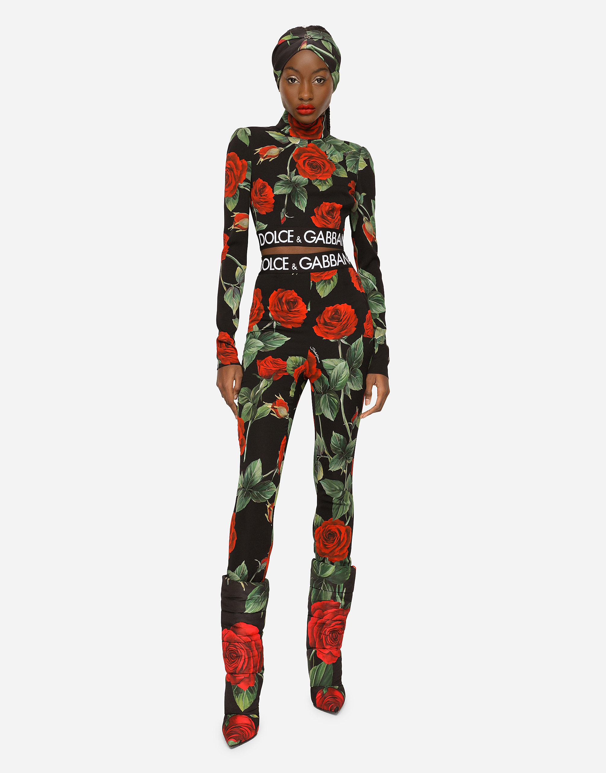 DOLCE & GABBANA ROSE-PRINT CHARMEUSE LEGGINGS