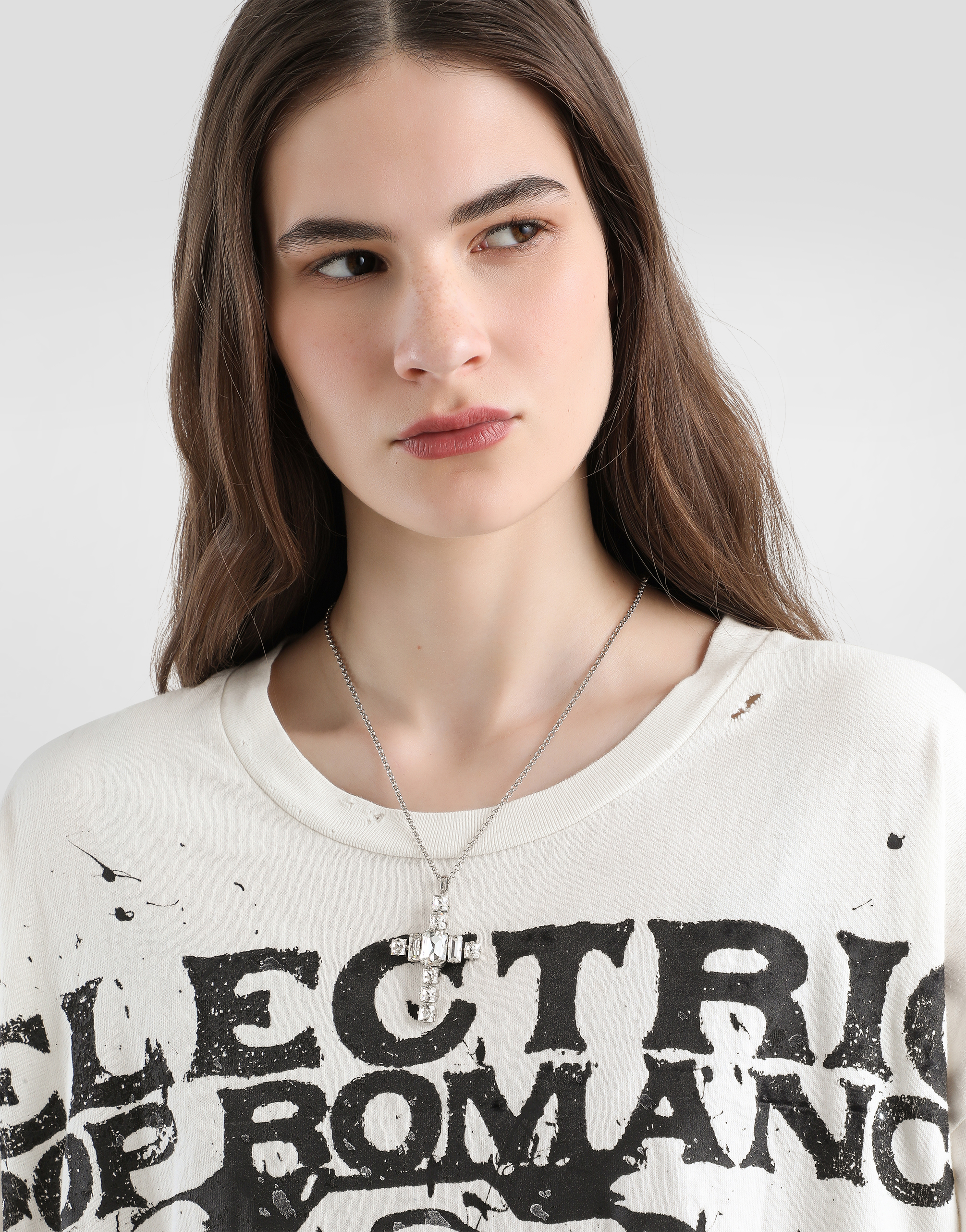 Dolce & Gabbana Cross Necklace With Rhinestones In Metallic