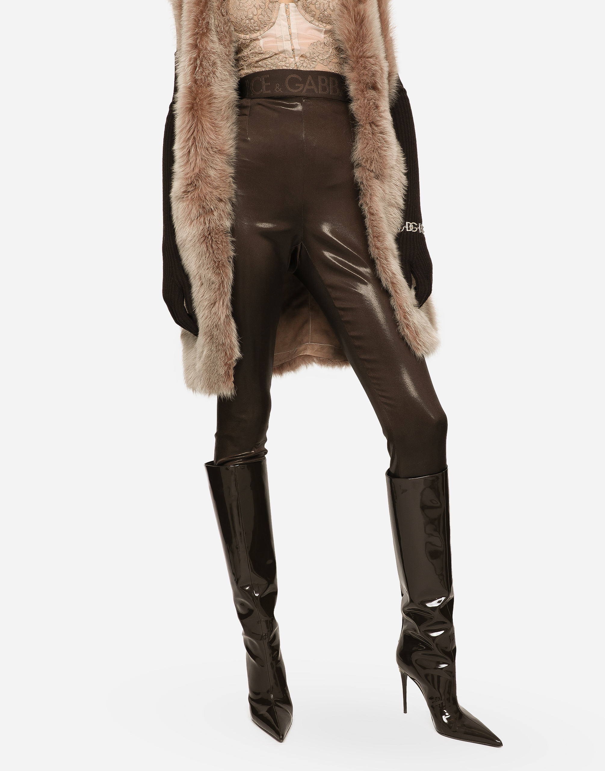 DOLCE & GABBANA SHINY SATIN LEGGINGS WITH BRANDED ELASTIC