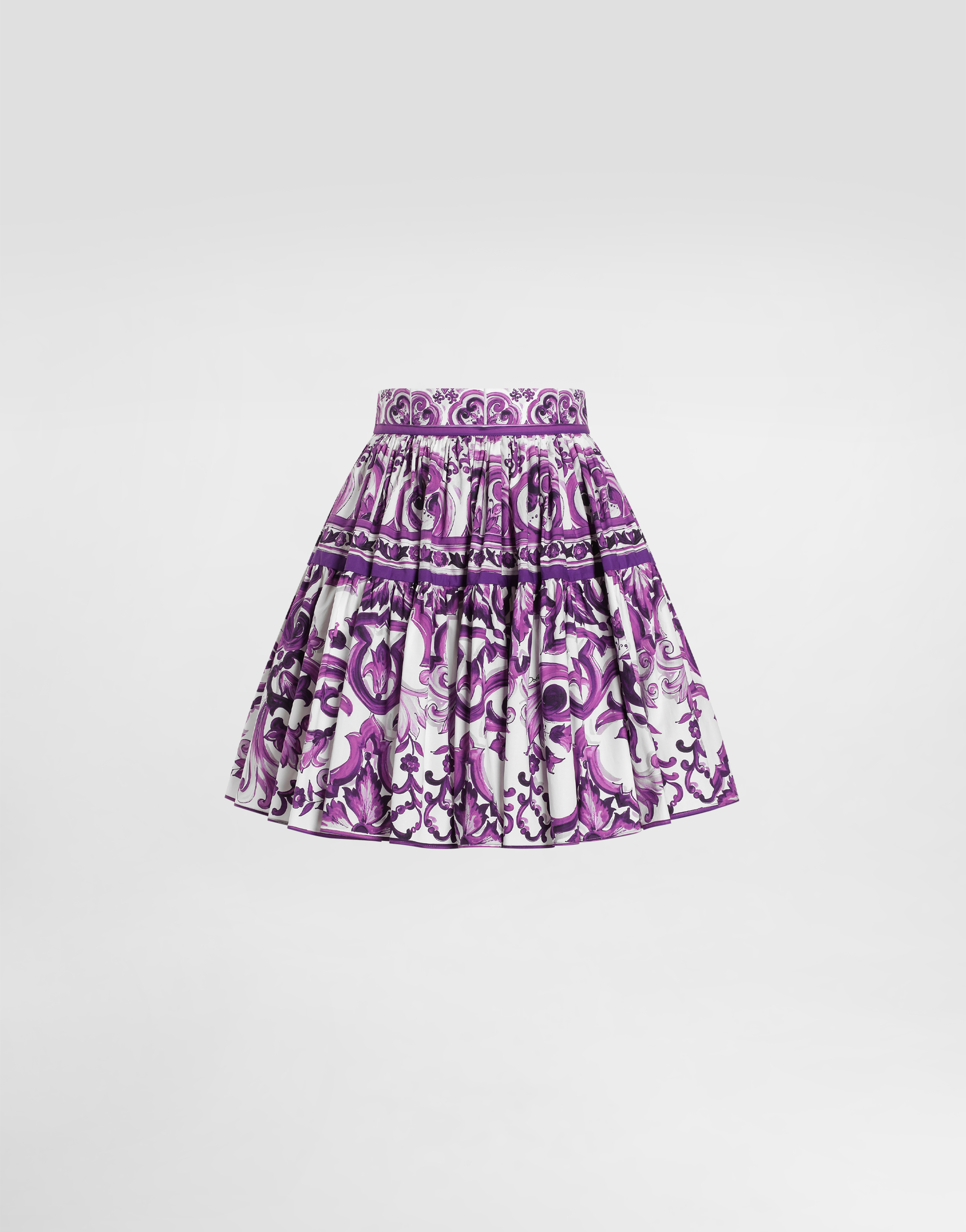Dolce & Gabbana Violet Pleated Miniskirt With Rear Zip Closure And All-over Graphic Print In Cotton Woman In Purple