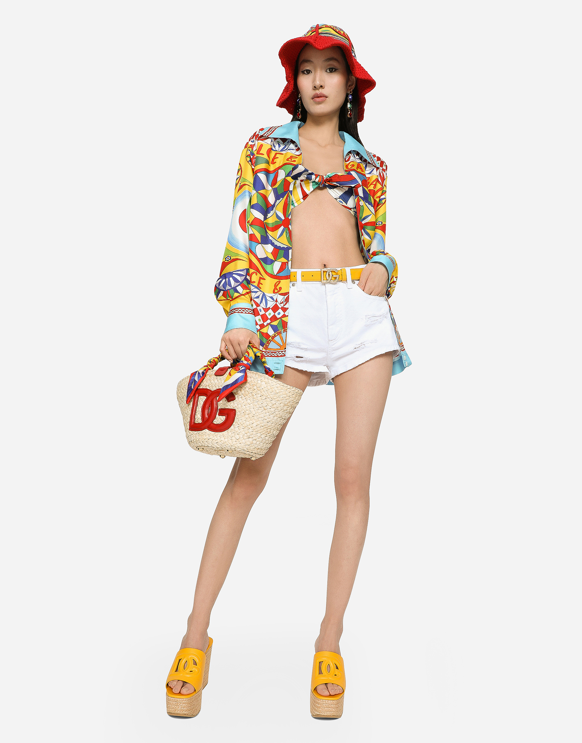 DOLCE & GABBANA CARRETTO-PRINT POPLIN TOP WITH KNOT DETAIL
