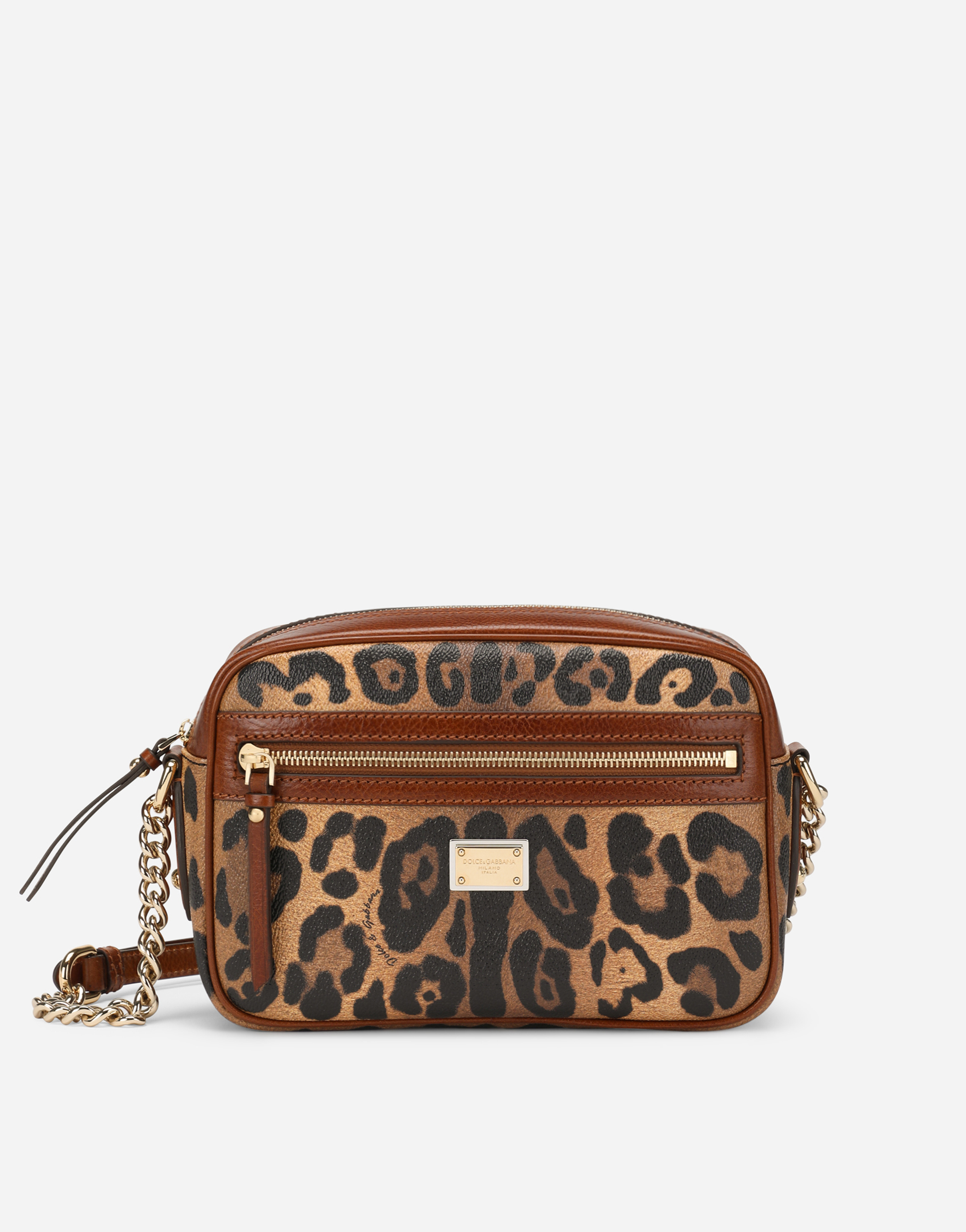 Dolce & Gabbana Medium Crossbody Bag In Leopard-print Crespo With Branded Plate In Multicolor