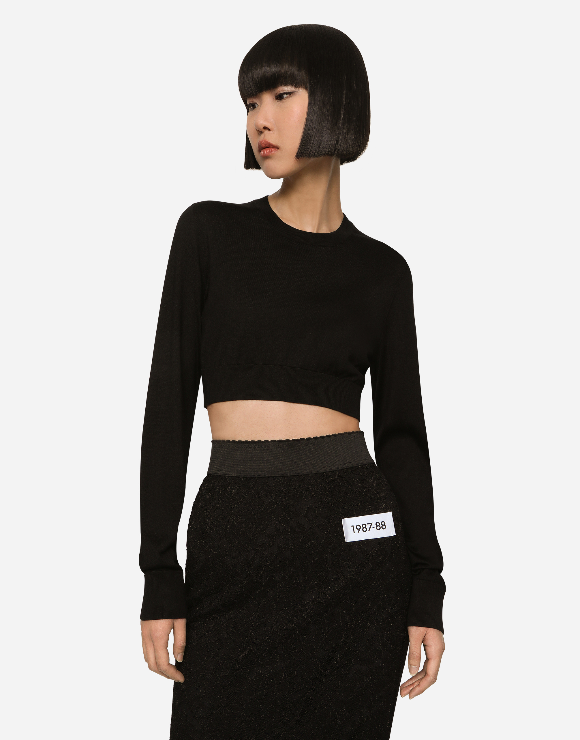 Dolce & Gabbana Cropped Round-neck Silk Pullover In Black
