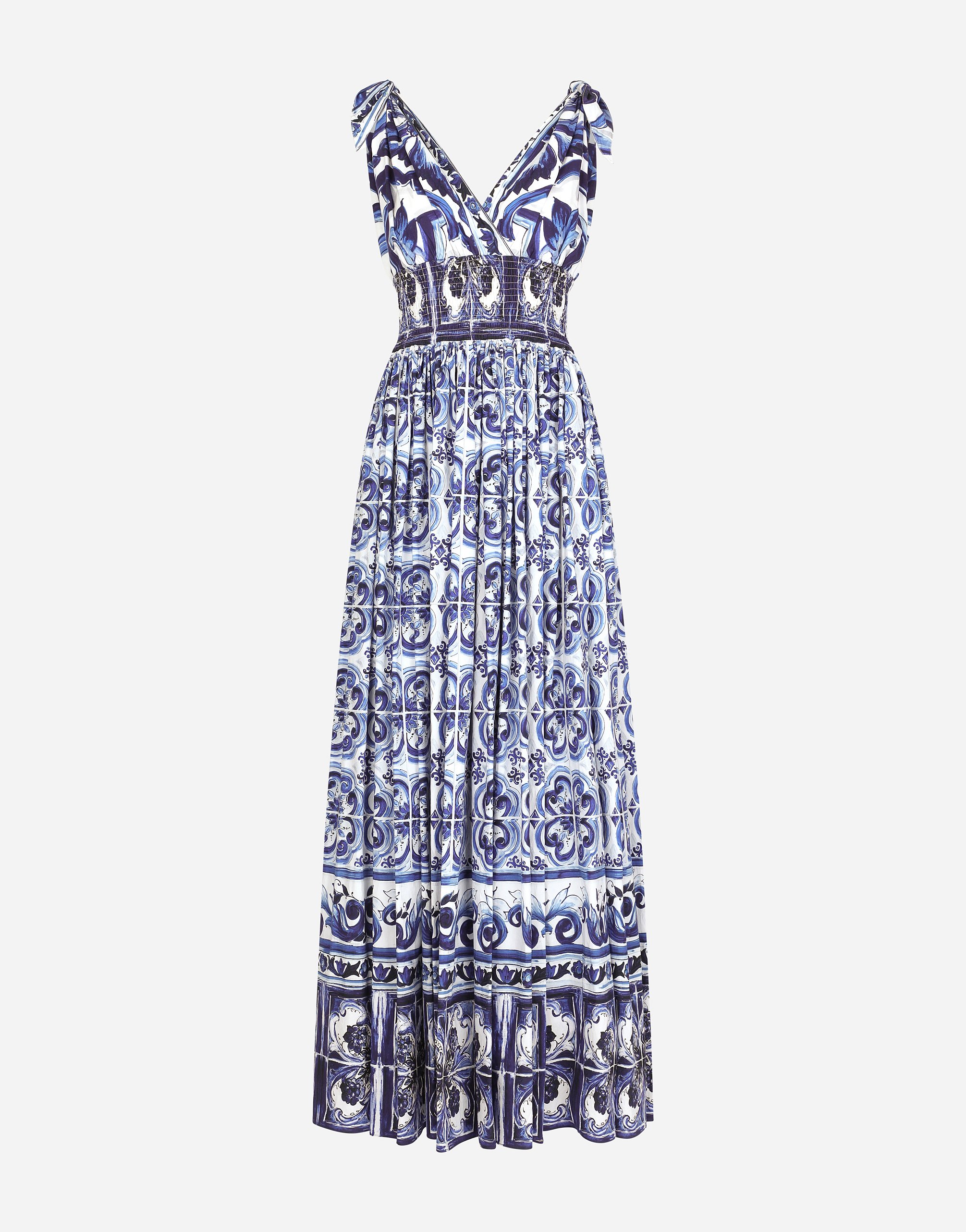 Dolce & Gabbana Long Majolica-print Poplin Dress - Woman Dresses Blue Cotton
