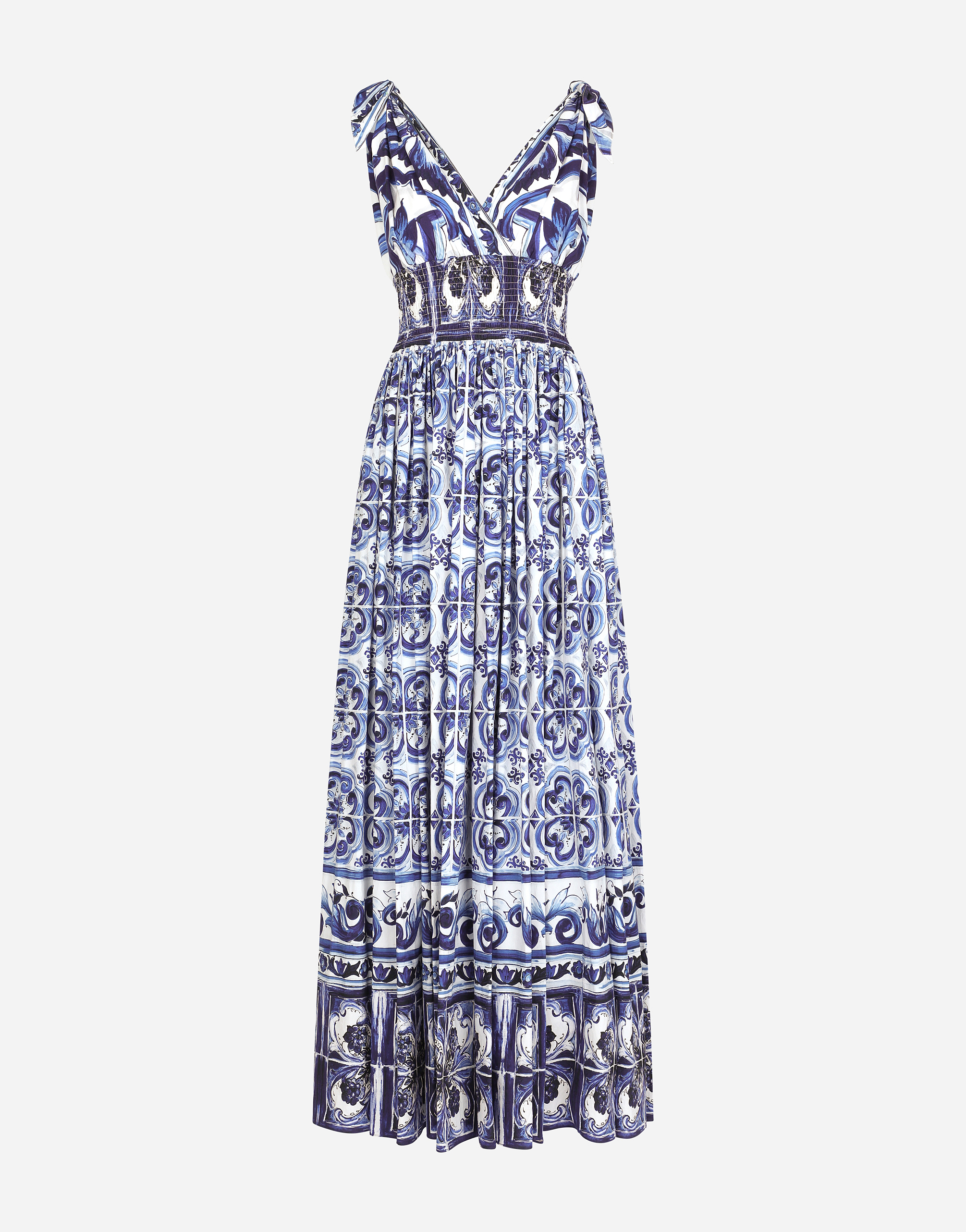 Dolce & Gabbana Long Majolica-print Poplin Dress - Woman Dresses Blue Cotton