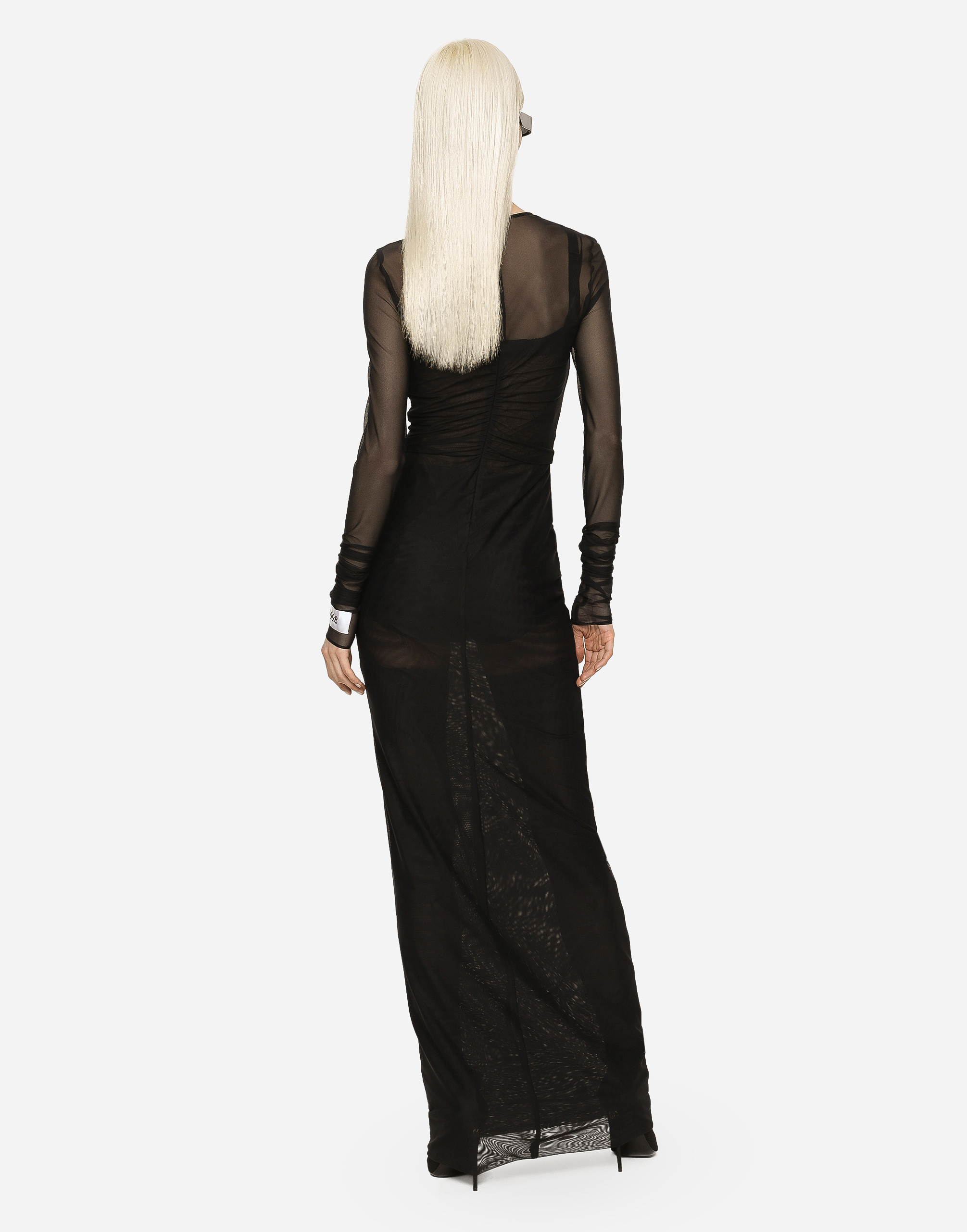 Dolce & Gabbana Long Tulle Dress With Rhinestone Cross Embellishment In Black