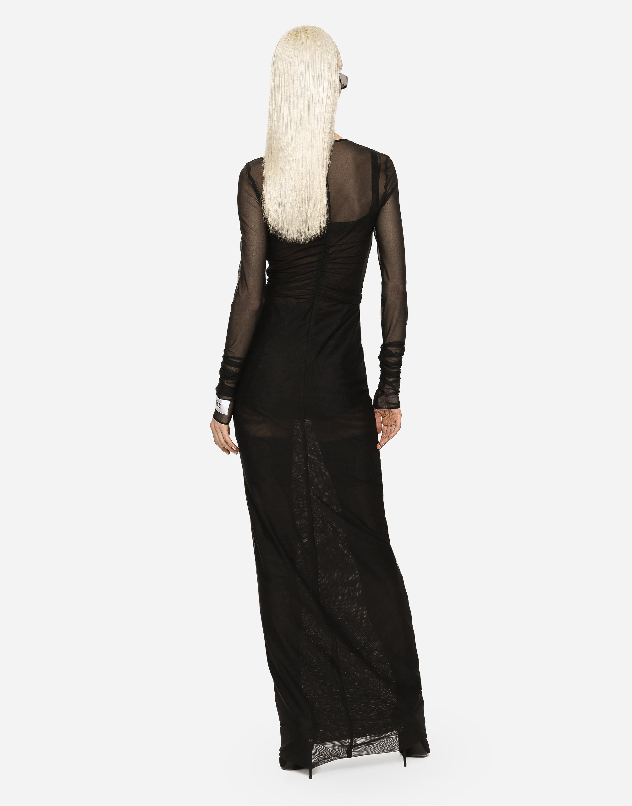 Dolce & Gabbana Long Tulle Dress With Rhinestone Cross Embellishment In Black
