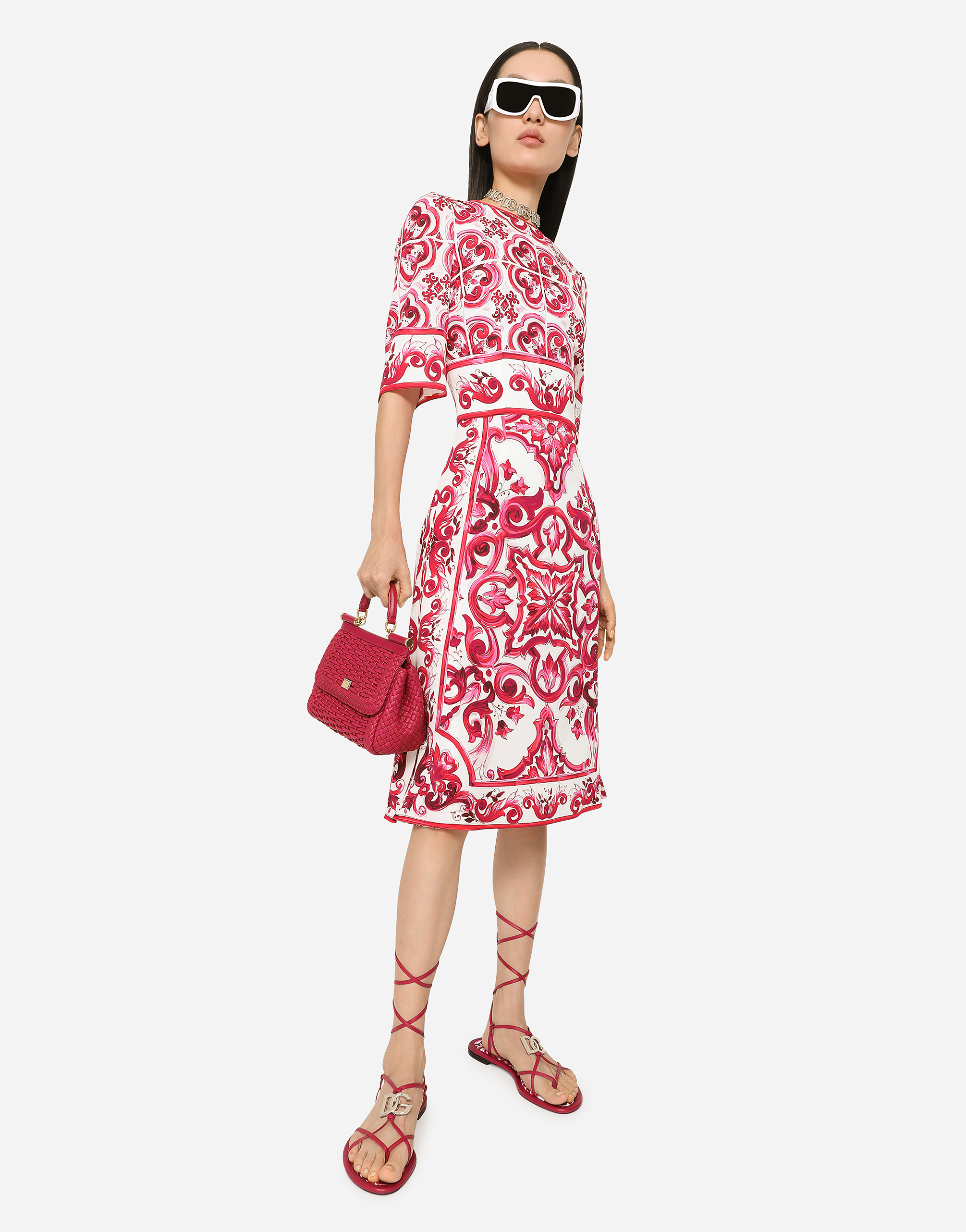 DOLCE & GABBANA MAJOLICA-PRINT CHARMEUSE MIDI DRESS