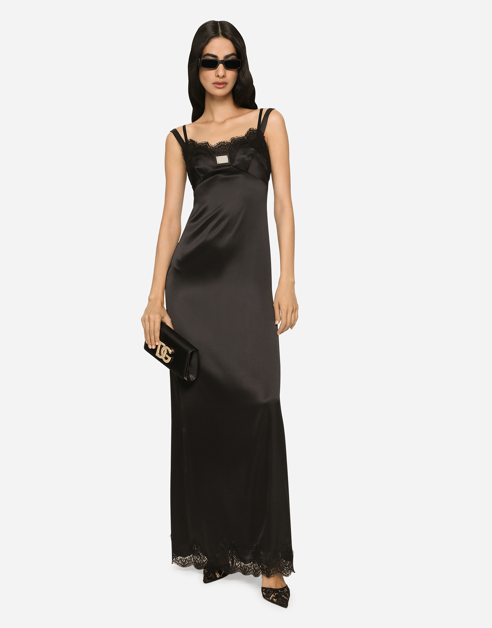 Shop Dolce & Gabbana Long Satin Slip Dress With The Dolce&gabbana Tag In Black