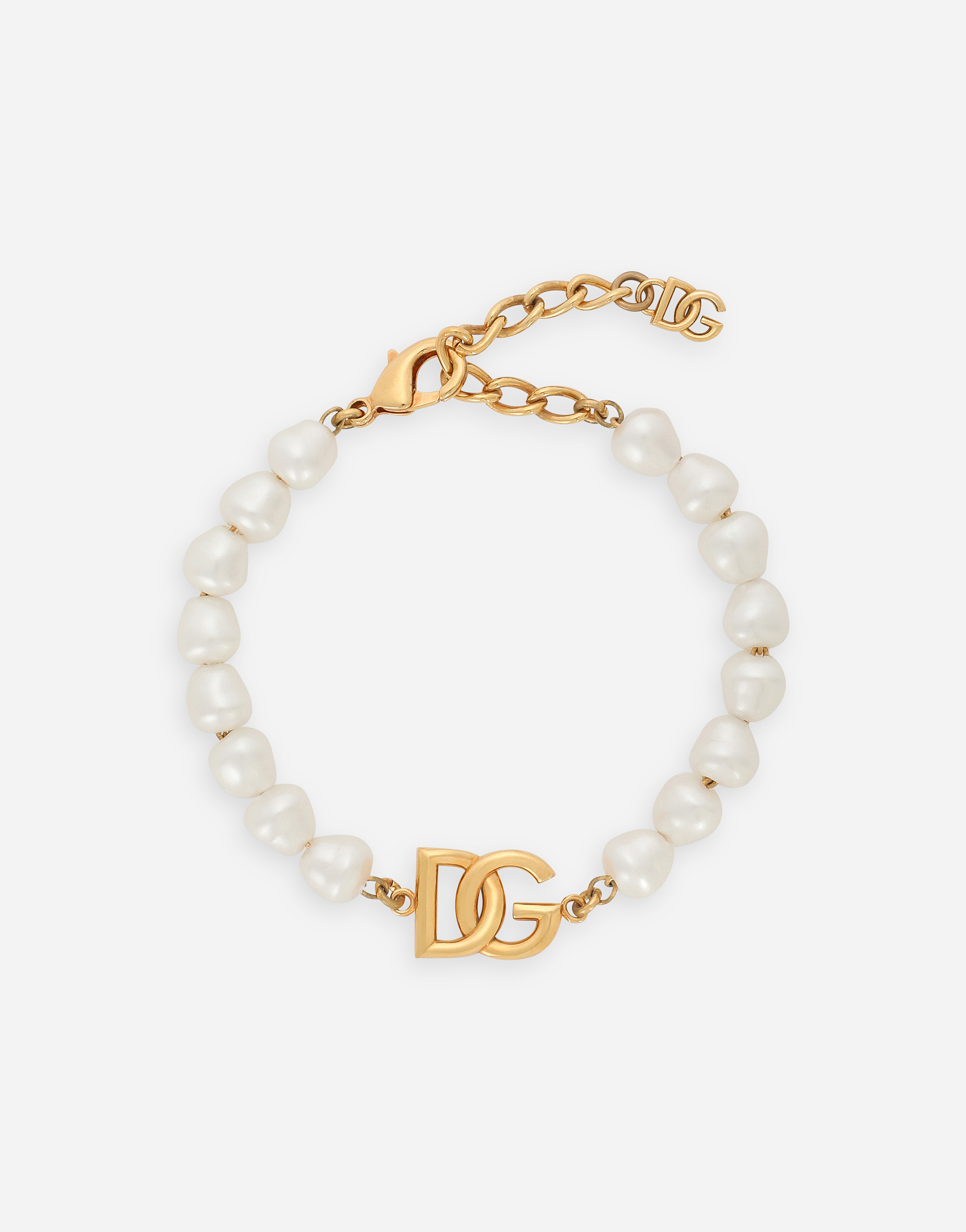 Dolce & Gabbana Link Bracelet With Pearls And Dg Logo In Gold
