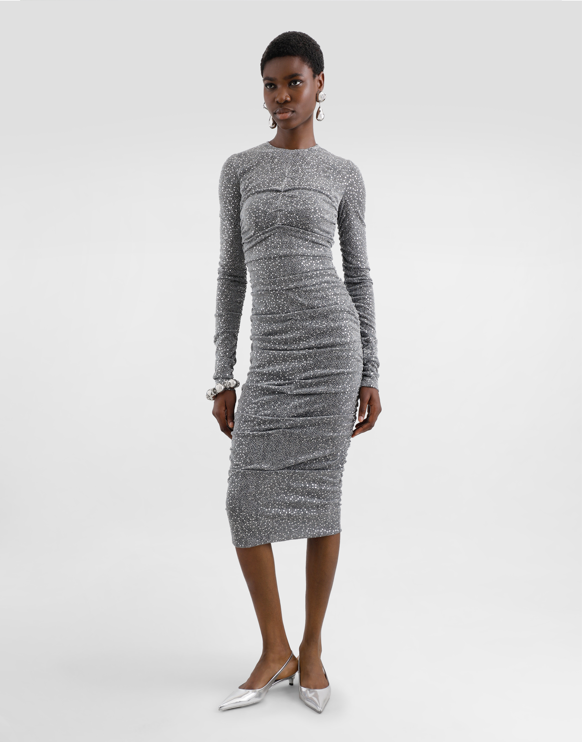 Dolce & Gabbana Sequined Draped Calf-length Dress In Silver