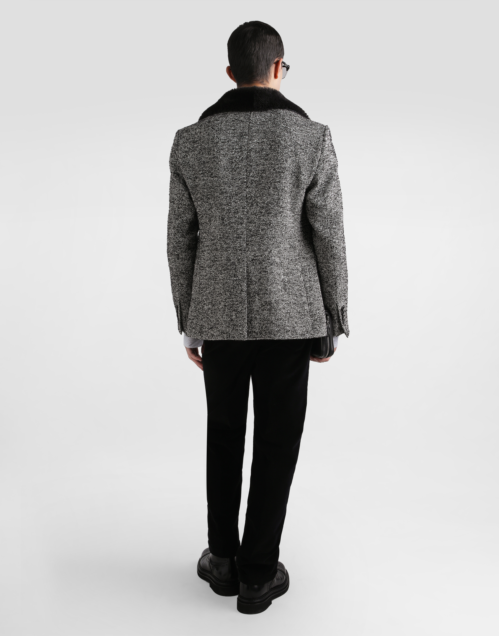 Dolce & Gabbana Single-breasted Dotted Wool Jacket With Fur Collar In Gray