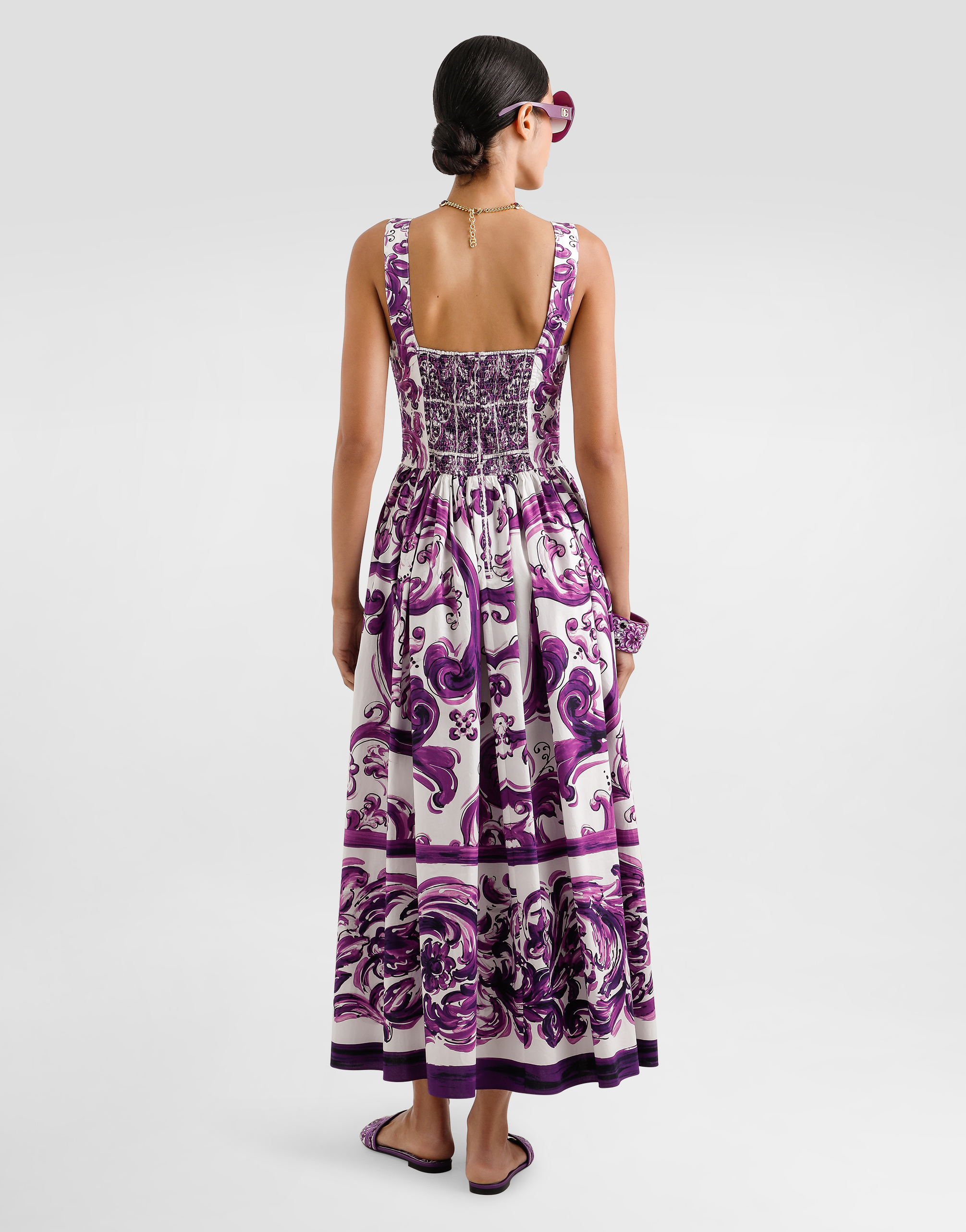 Dolce & Gabbana Long Poplin Dress With Majolica Print In Purple