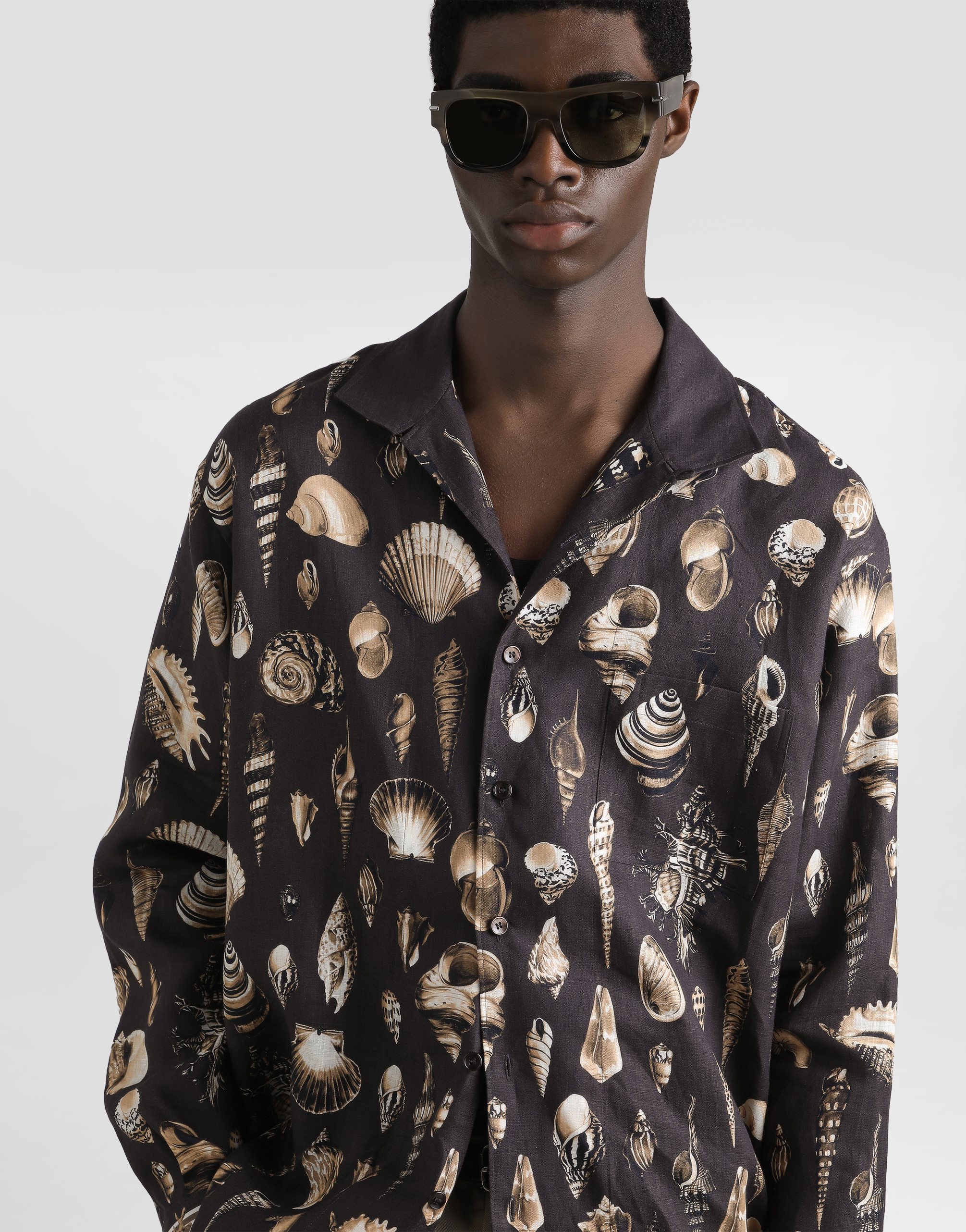 Shell-print oversized linen canvas shirt