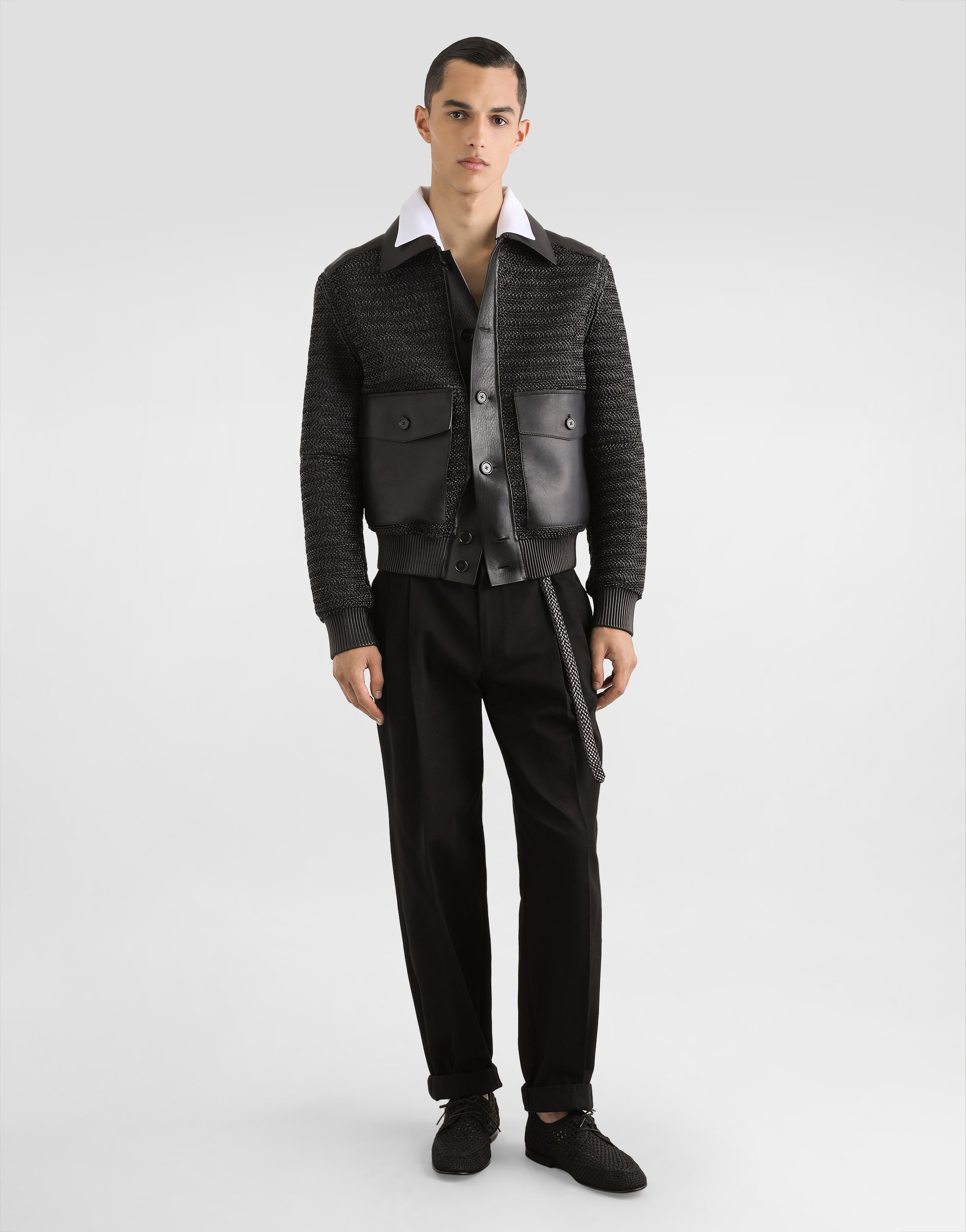 Leather and raffia mesh jacket