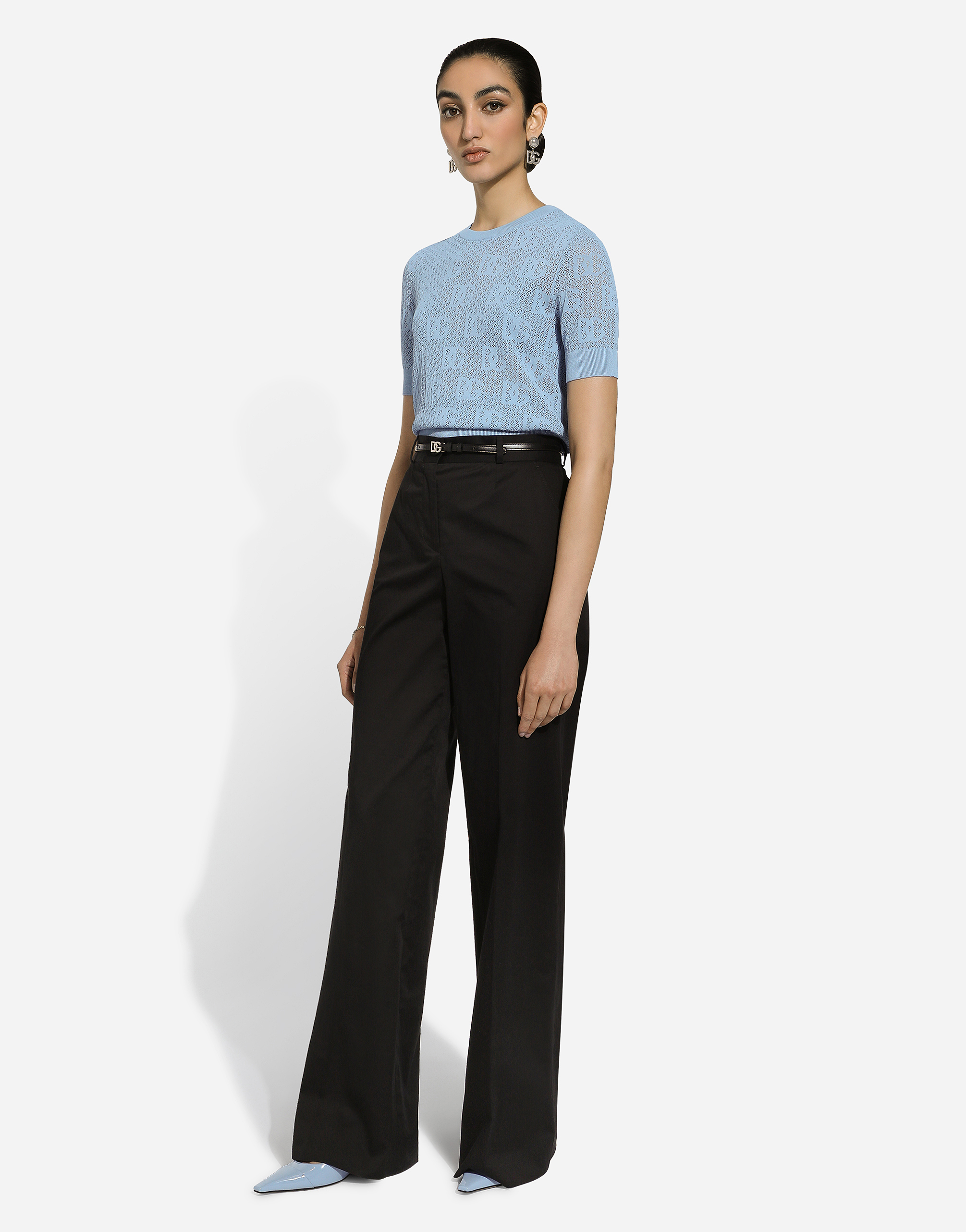 Dolce & Gabbana Lace-stitch Viscose Sweater With Jacquard Dg Logo In Azure