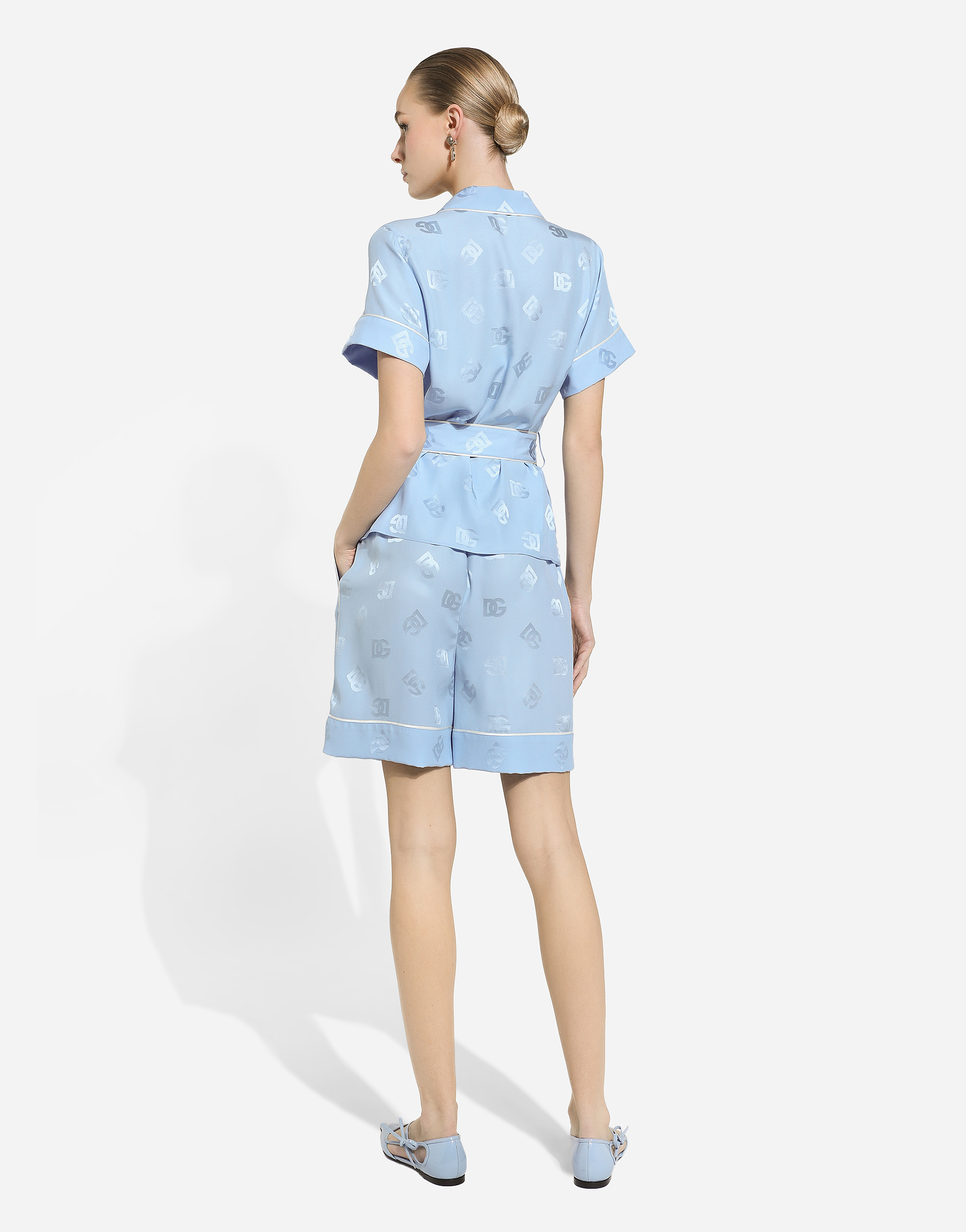 Dolce & Gabbana Short-sleeved Silk Satin Jacquard Pajama Shirt With Dg Logo In Purple