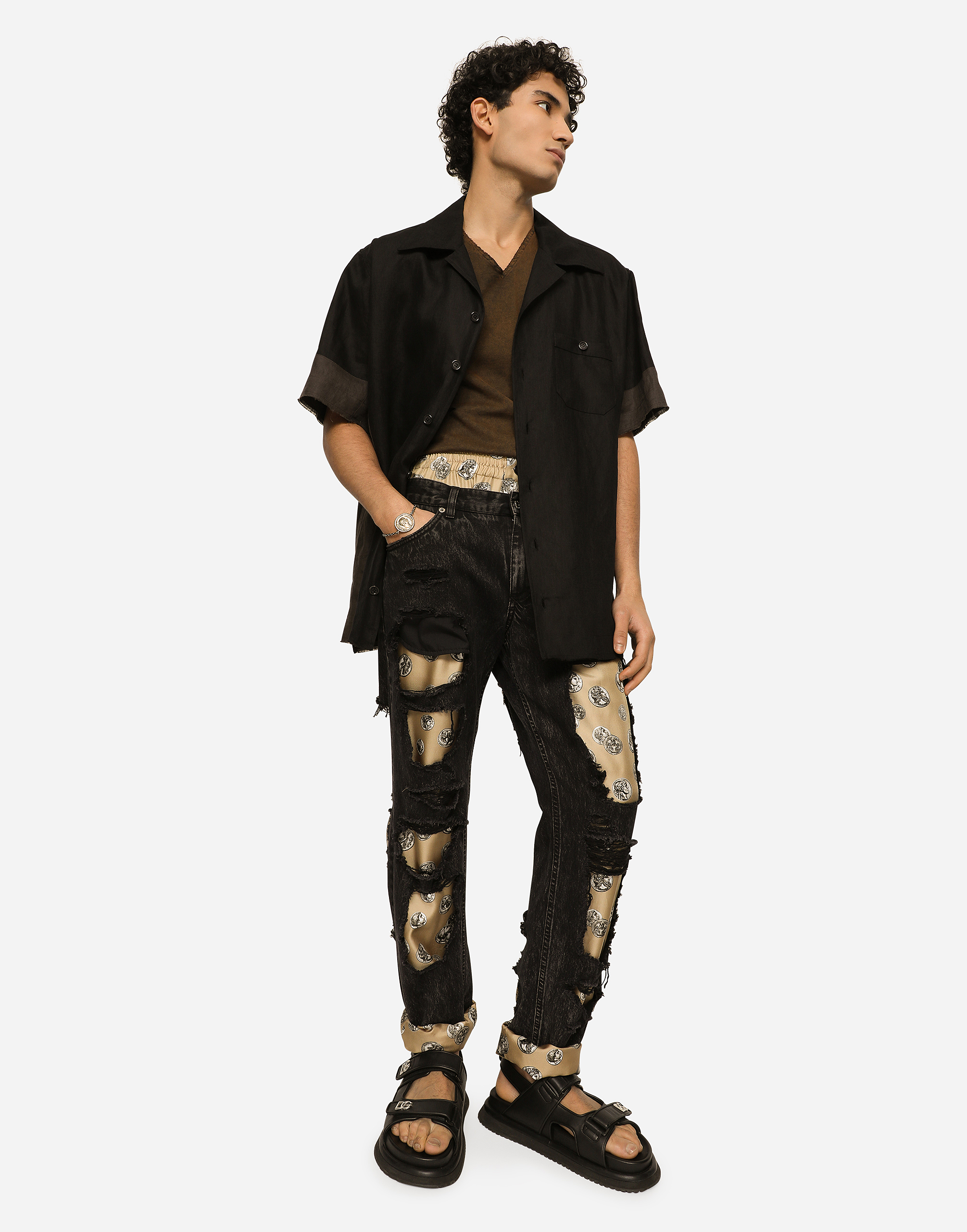 DOLCE & GABBANA LINEN CANVAS HAWAIIAN SHIRT WITH INSERTS