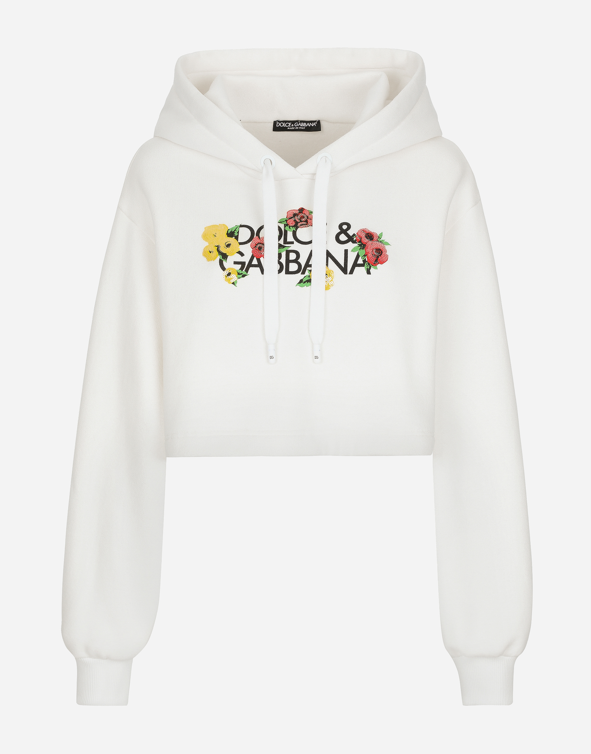 Dolce & Gabbana Floral Logo-print Cropped Cotton Hoodie In White