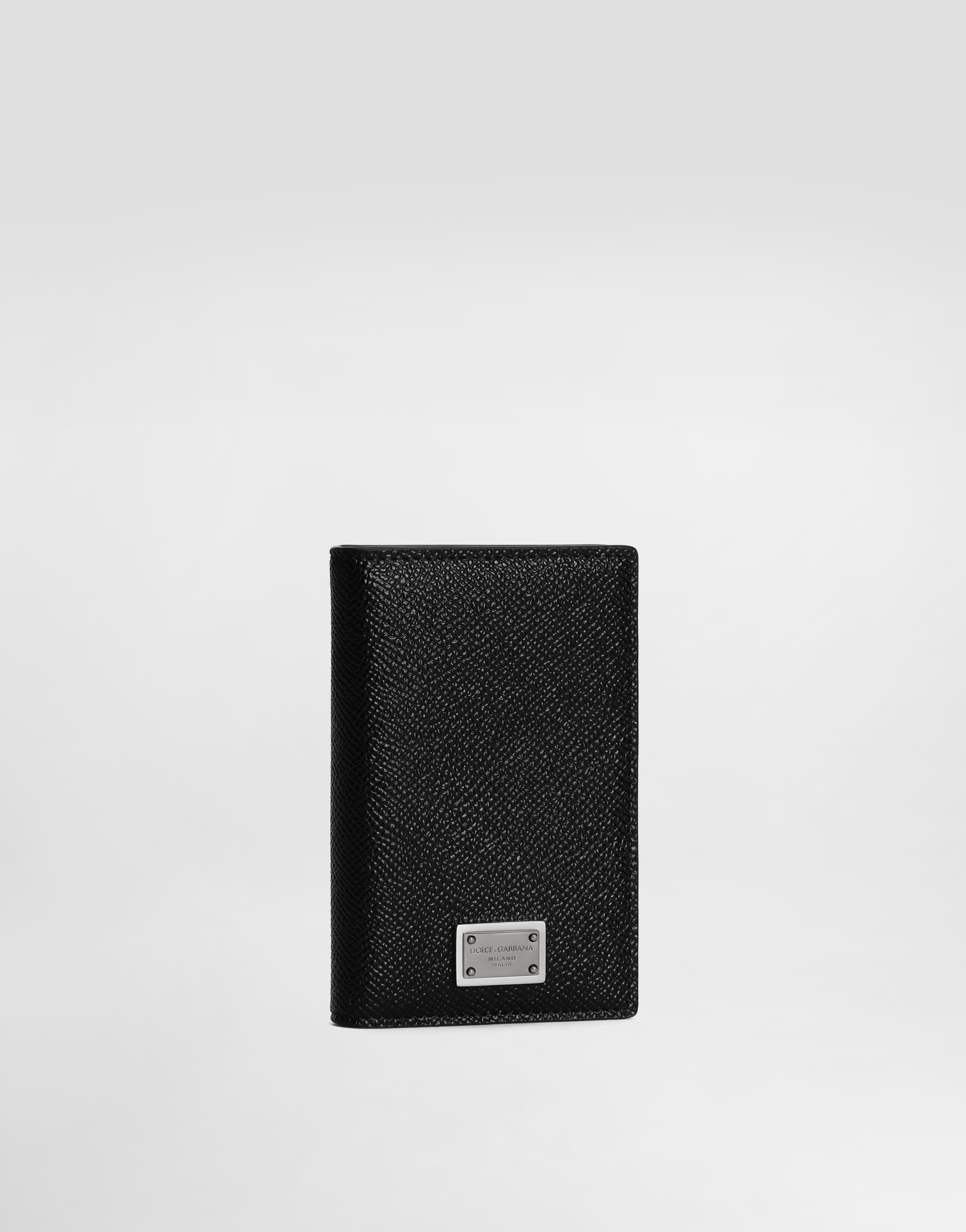 Dolce & Gabbana Black Calf Leather Logo Plaque Trifold Keyring Key Holder In Black