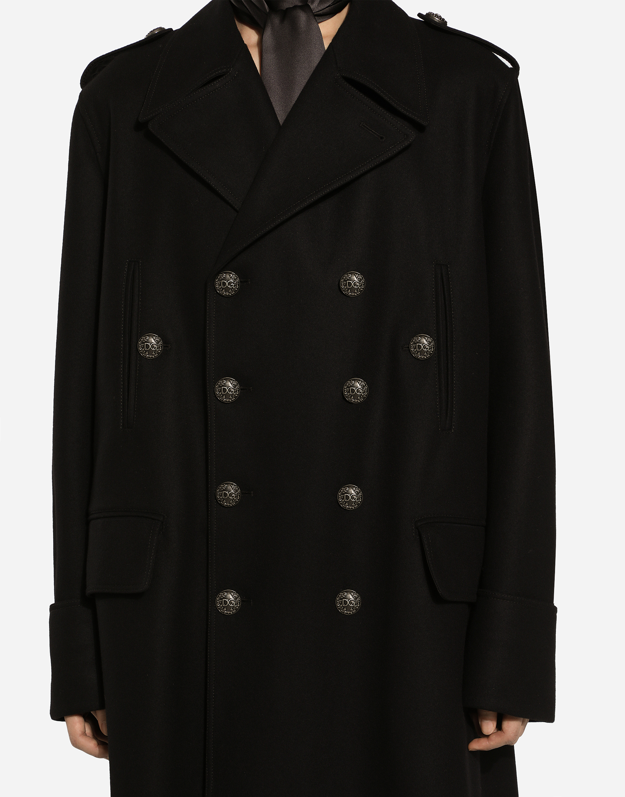 Dolce & Gabbana Long Wool Military-style Coat In Black