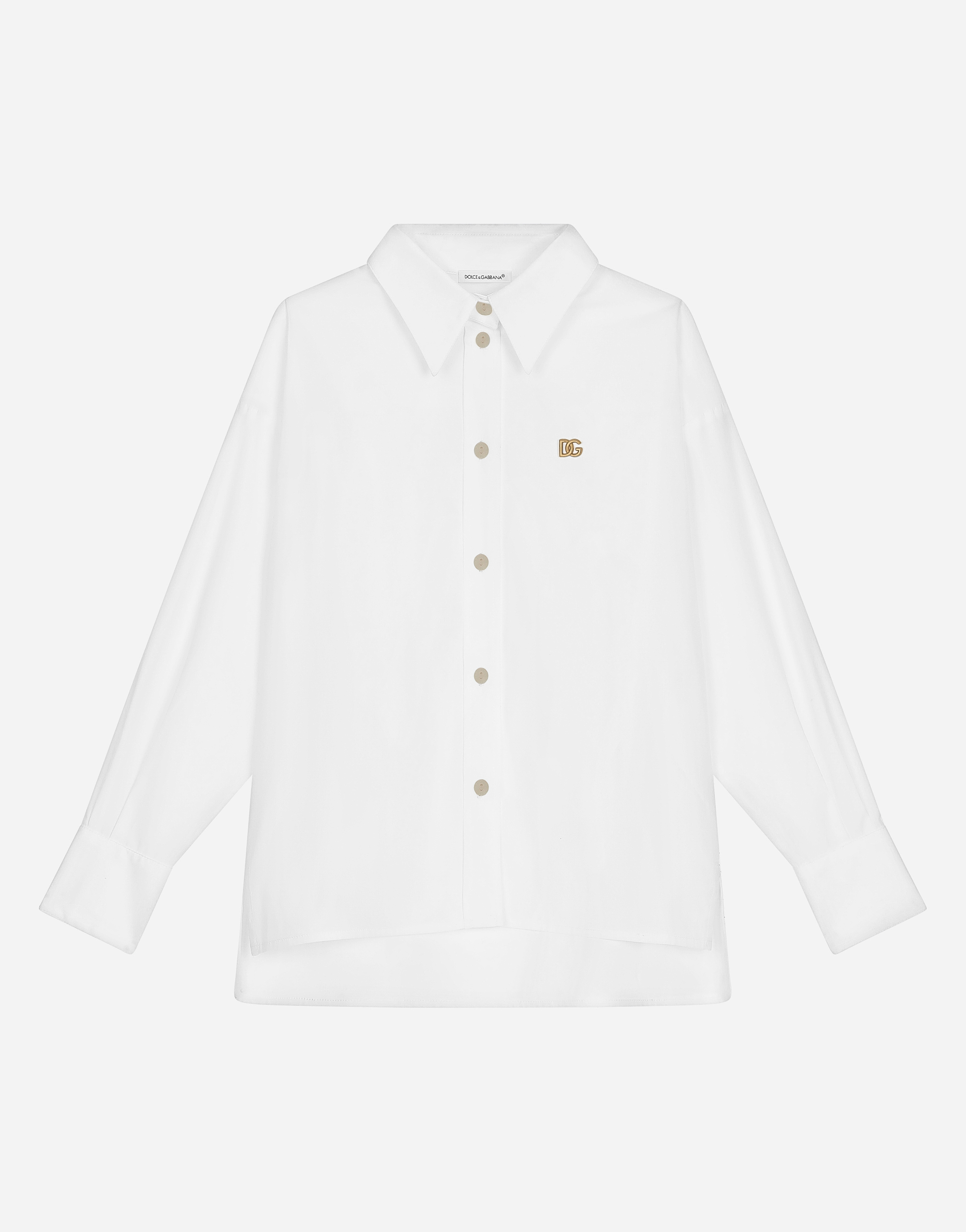 Dolce & Gabbana Camicia Manica Lunga In Popeline Con Dg Logo In Bianco