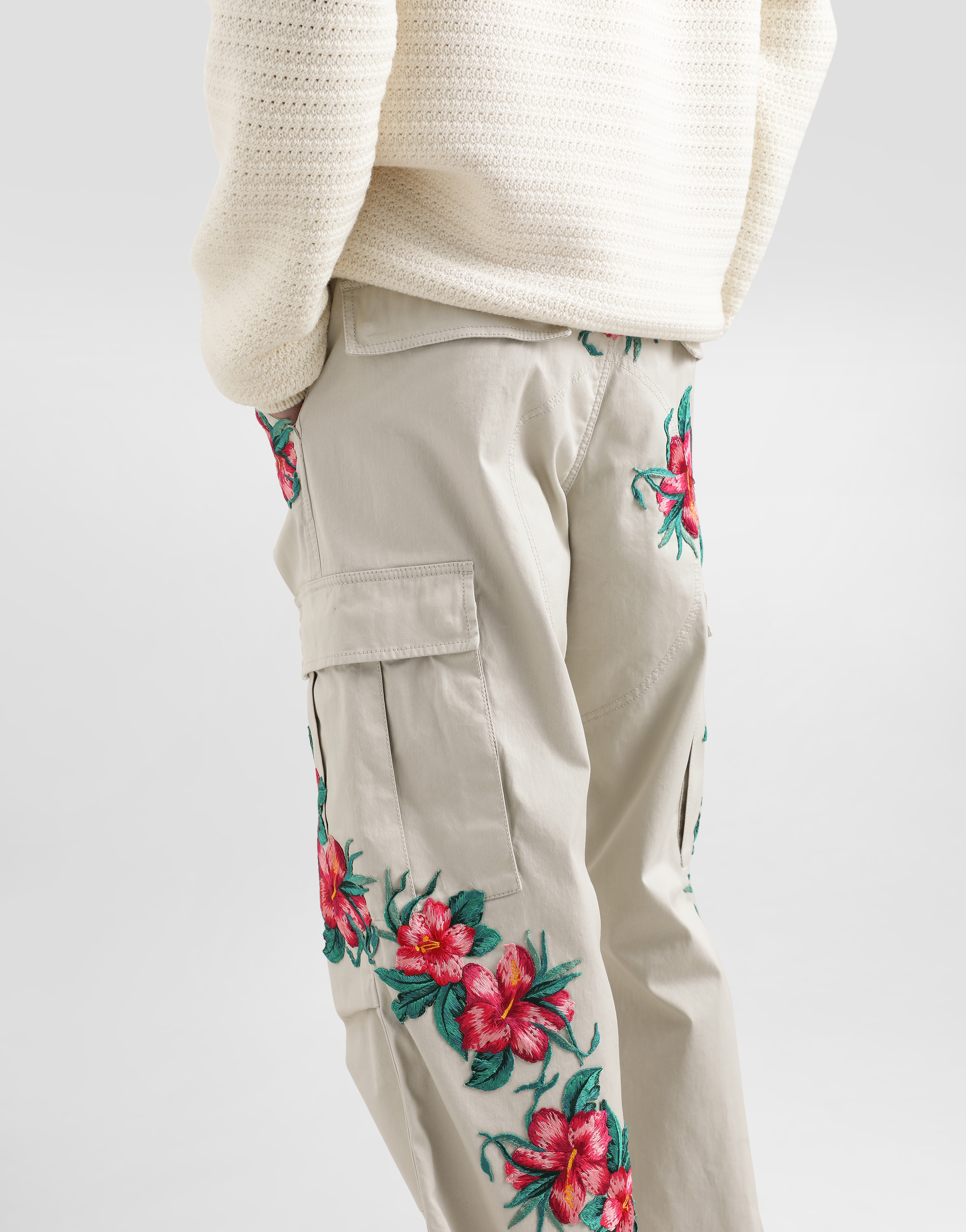 Dolce & Gabbana Cotton Cargo Pants With Floral Patches In Beige