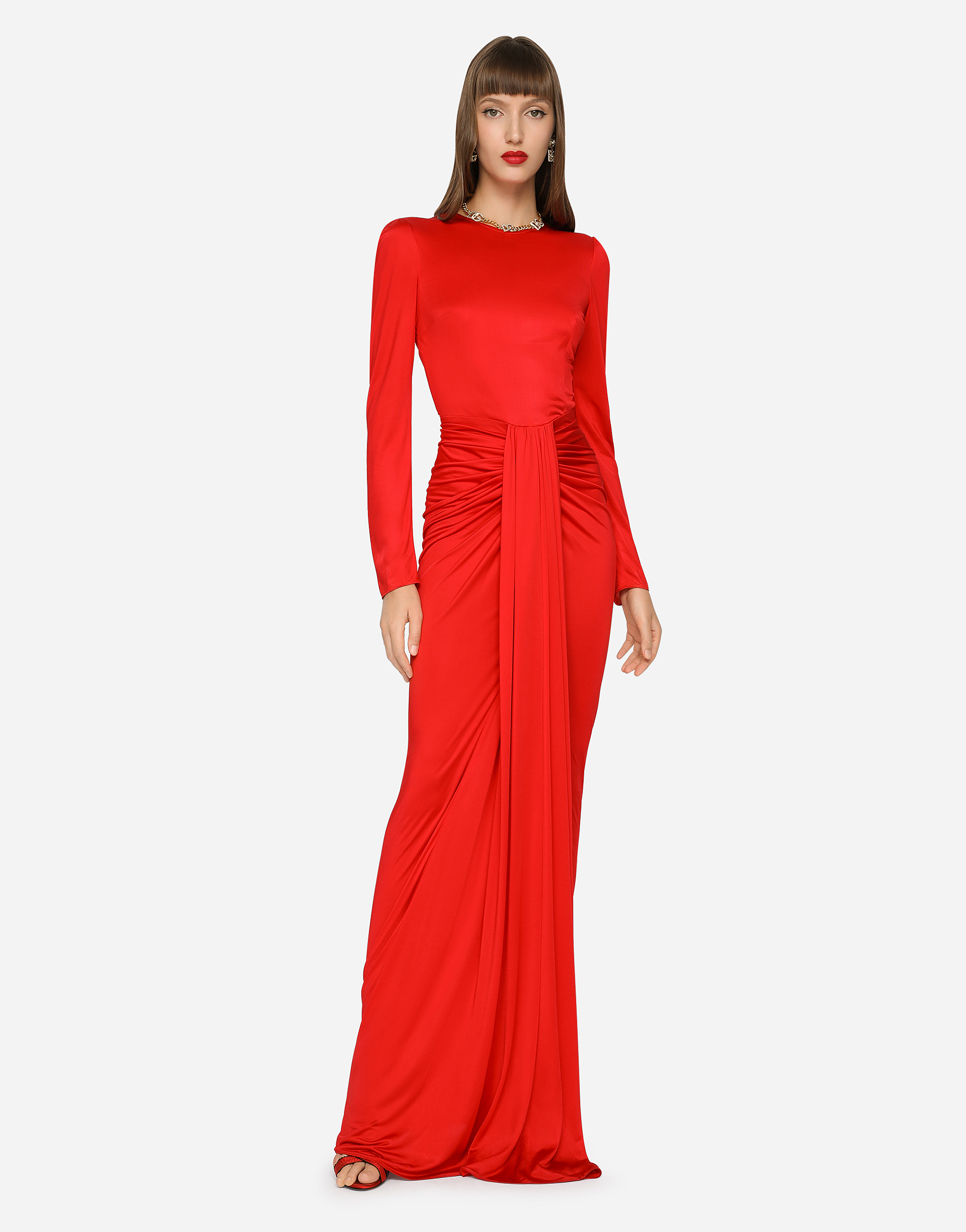 Shop Dolce & Gabbana Long Organzine Dress With Draping In Red