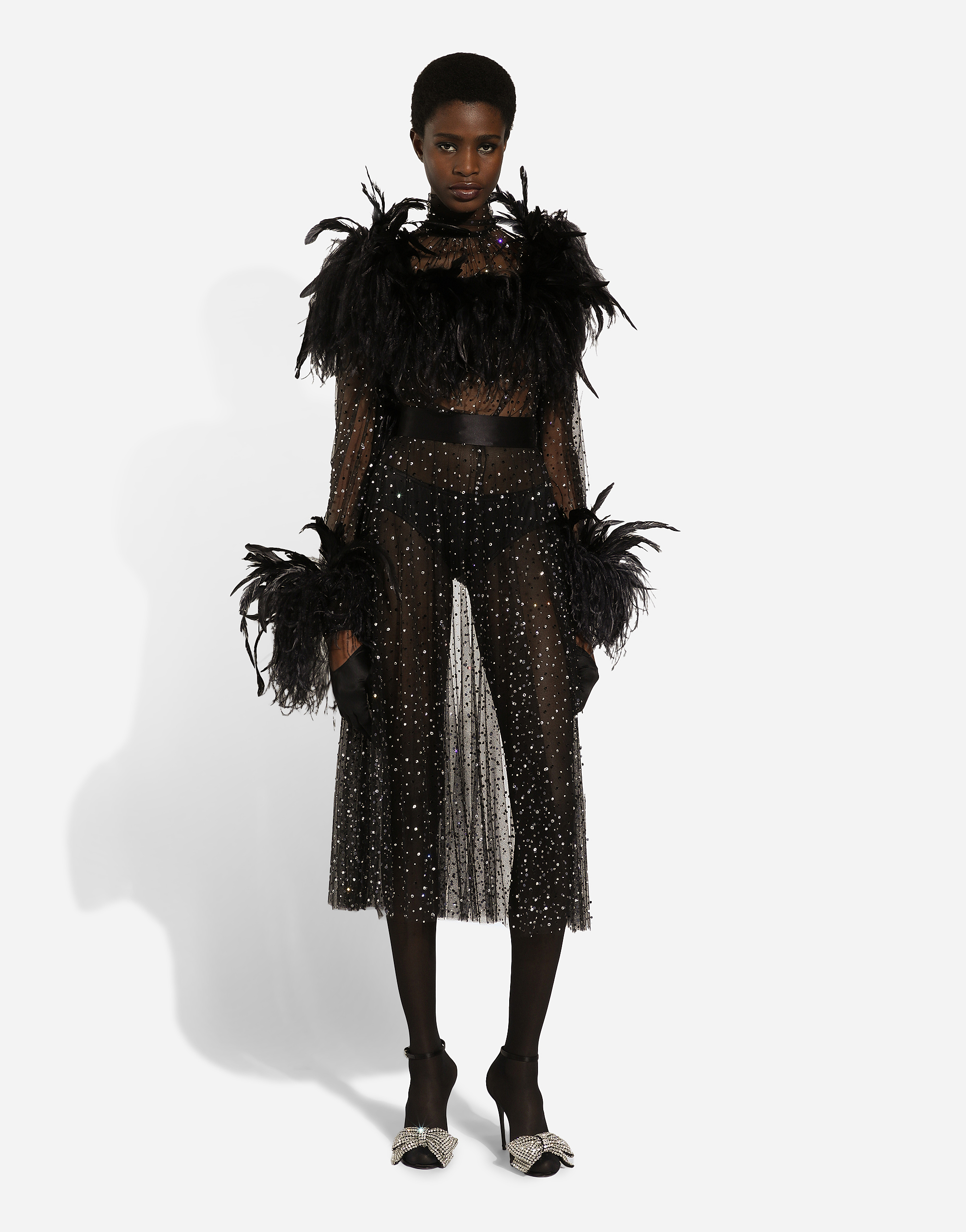 Dolce & Gabbana Feather-trim Rhinestone Dress In Silver