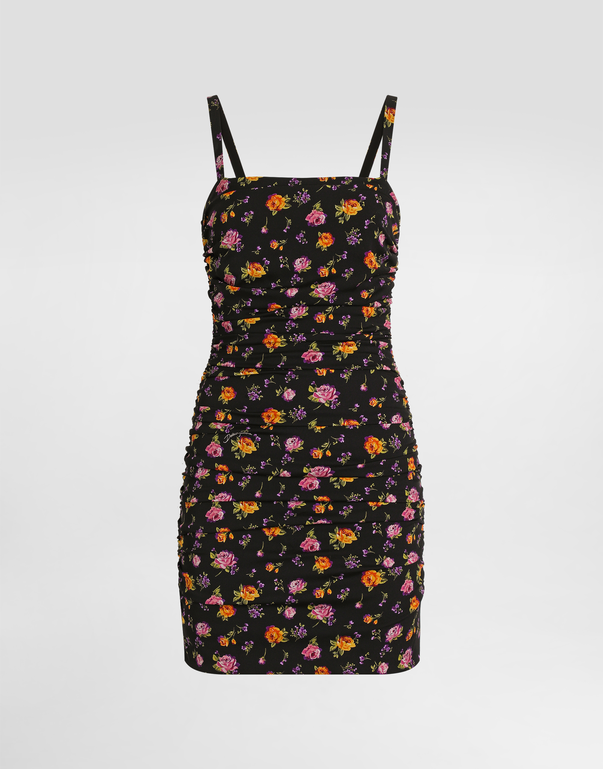 Small rose bouquets-print draped charmeuse dress in Multicolor for