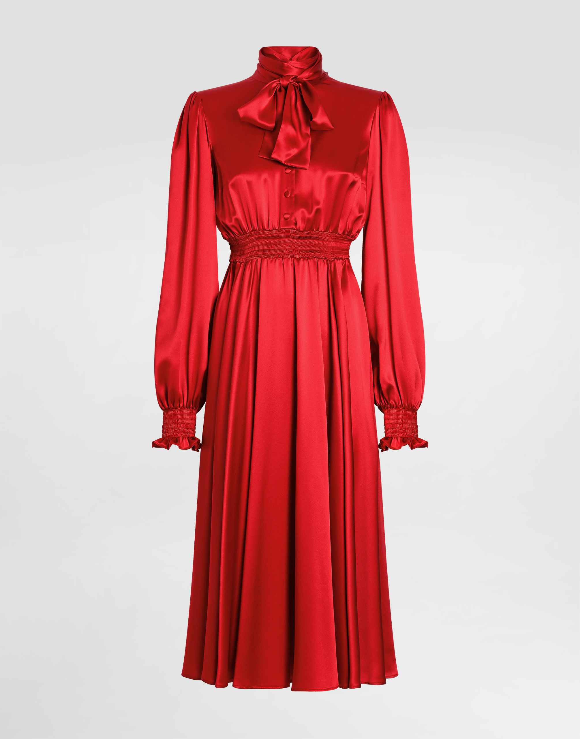 Dolce & Gabbana Silk Satin Shirt Dress With Pussy-bow In Bordeaux