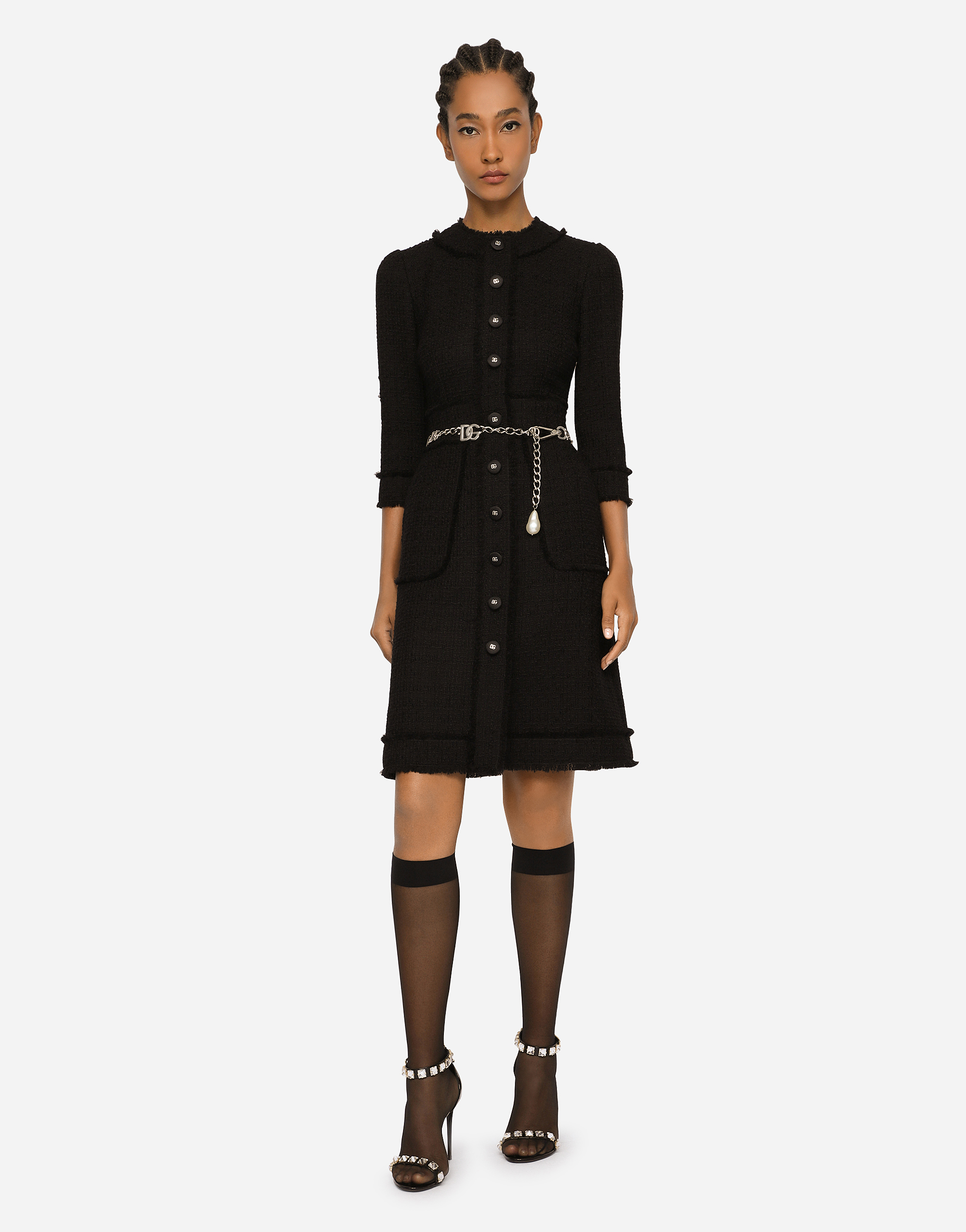 Shop Dolce & Gabbana Raschel Tweed Midi Dress In Black