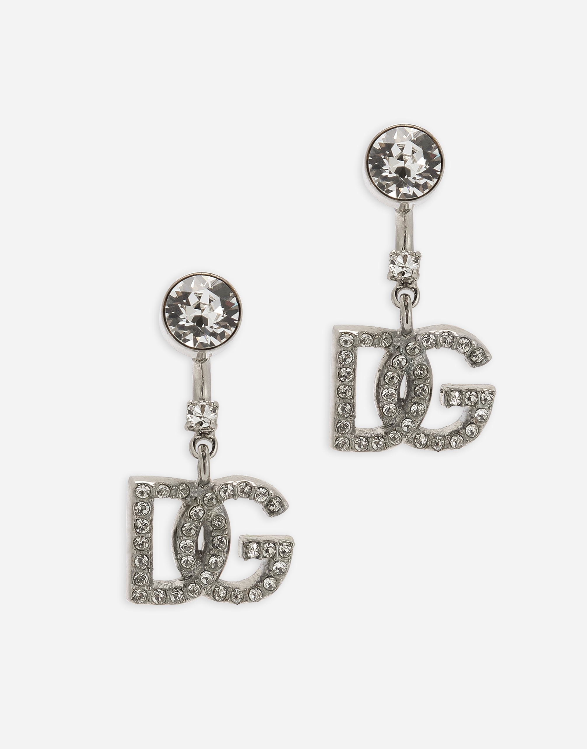 Dolce & Gabbana Earrings With Dg Logo And Rhinestones In Silver_palladium