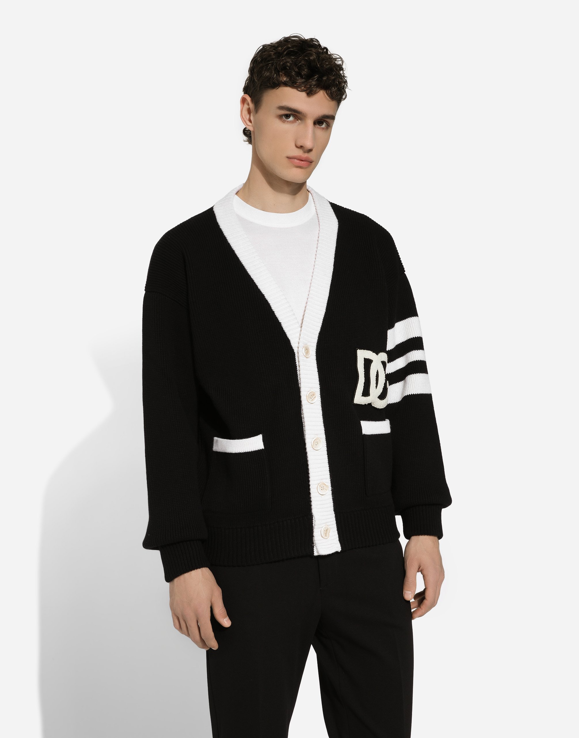 Shop Dolce & Gabbana Wool Fisherman's Rib Cardigan With Dg Logo In Multicolor