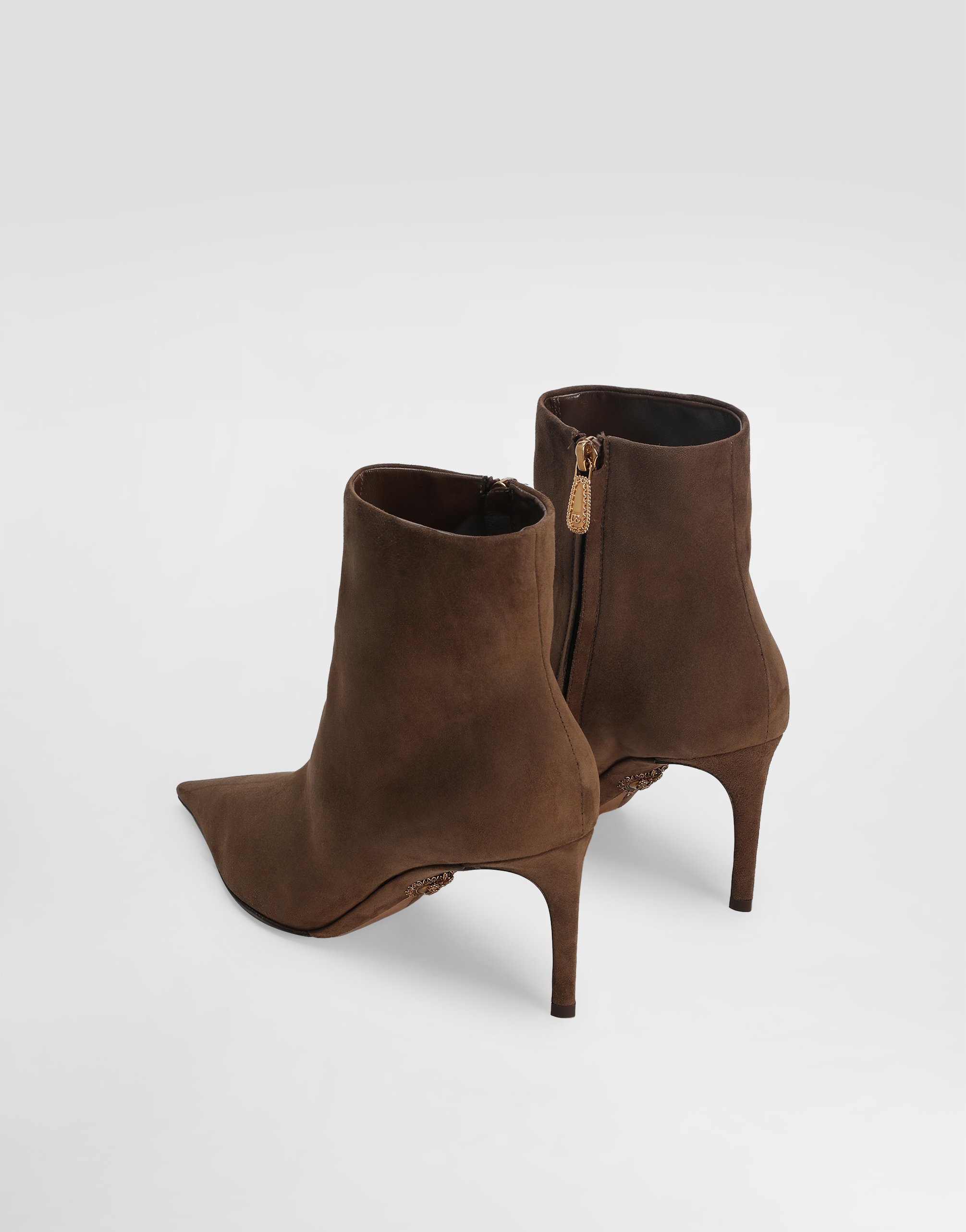 Dolce & Gabbana Beige Ankle Boots With Pointed Toe And Metallic Logo In Suede Woman In Brown