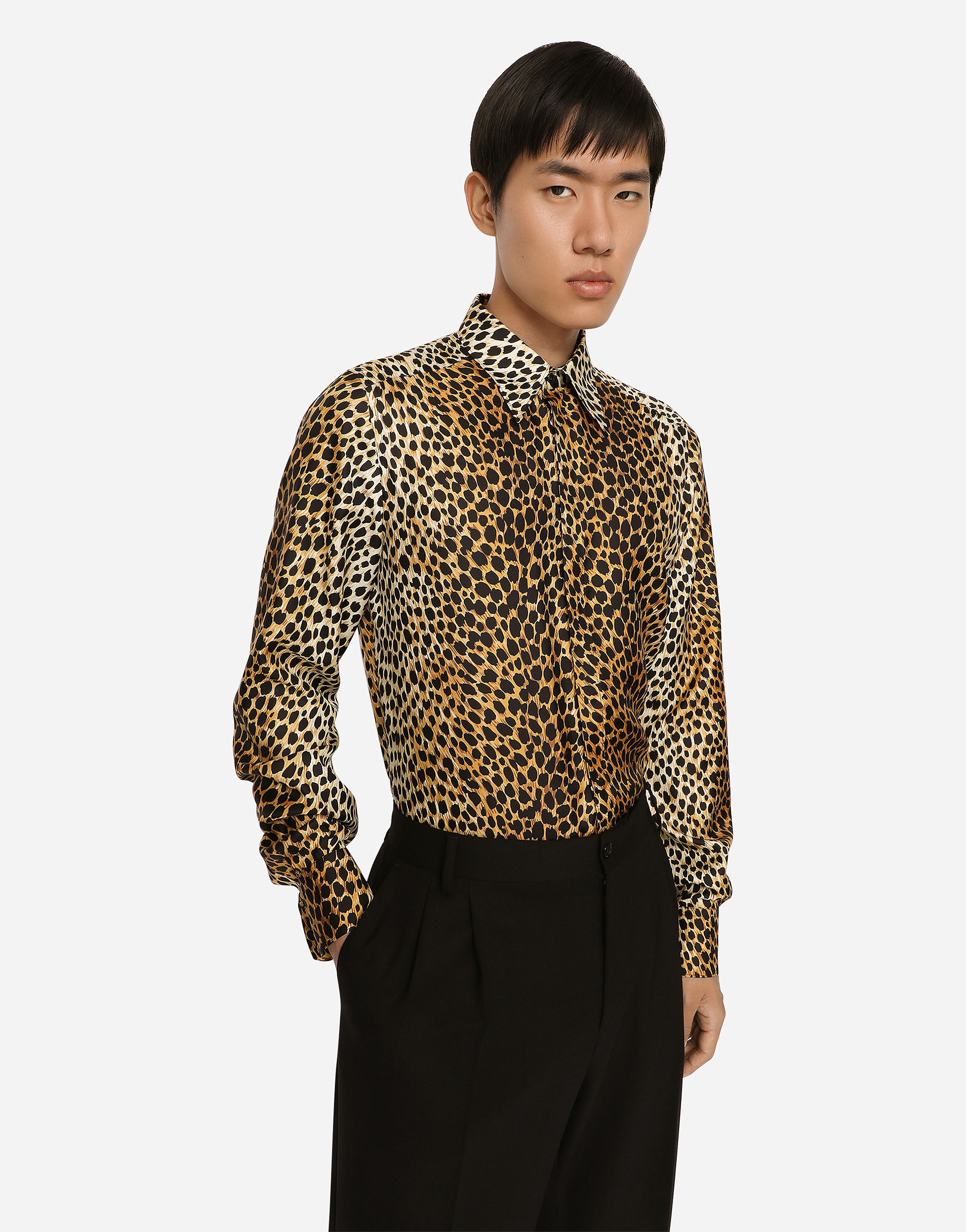 Dolce & Gabbana Silk Twill Martini-fit Shirt With Ocelot Print In Multicolor