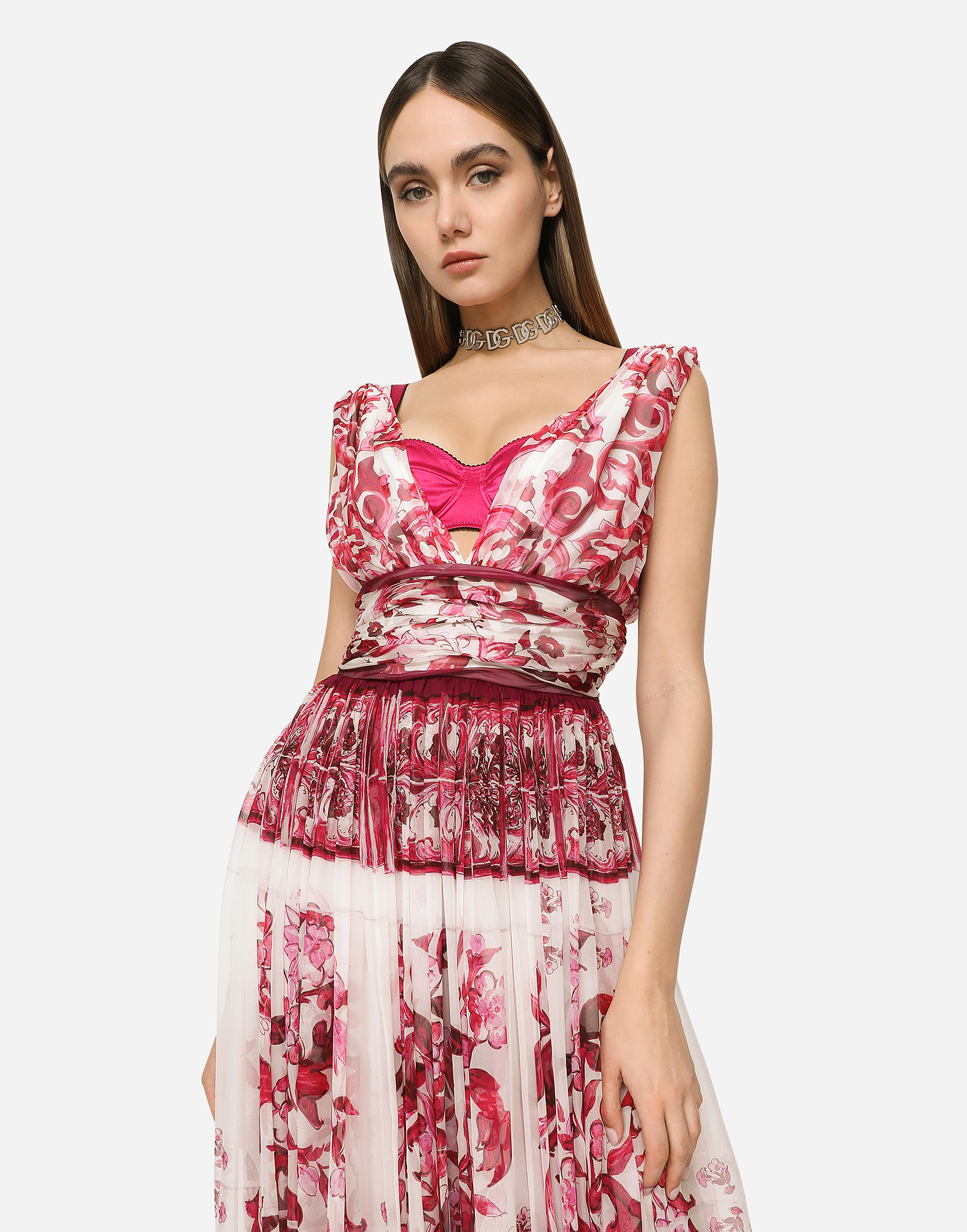 DOLCE & GABBANA LONG MAJOLICA-PRINT CHIFFON DRESS