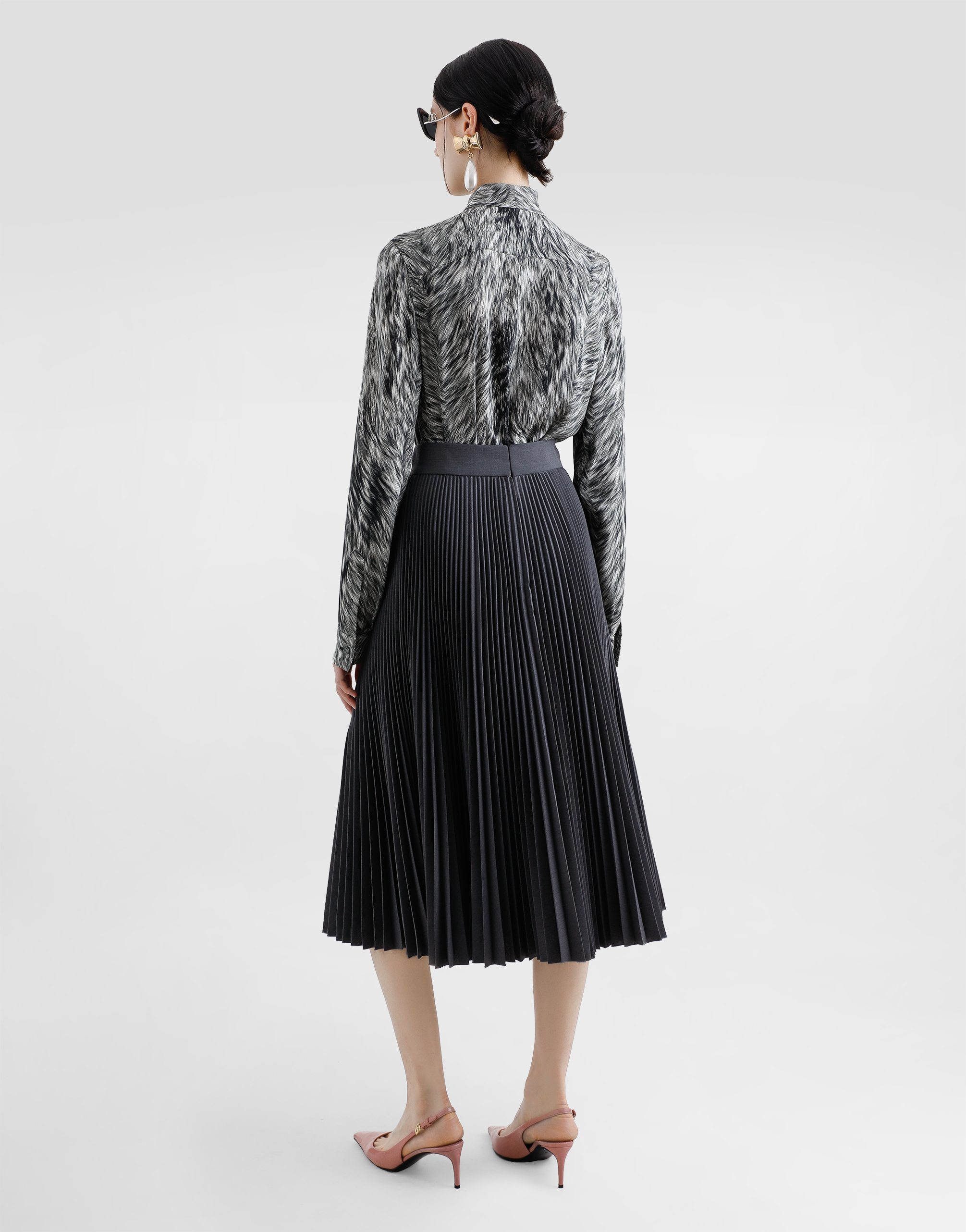 Dolce & Gabbana Fur-print Charmeuse Shirt With Pussy-bow In Grey