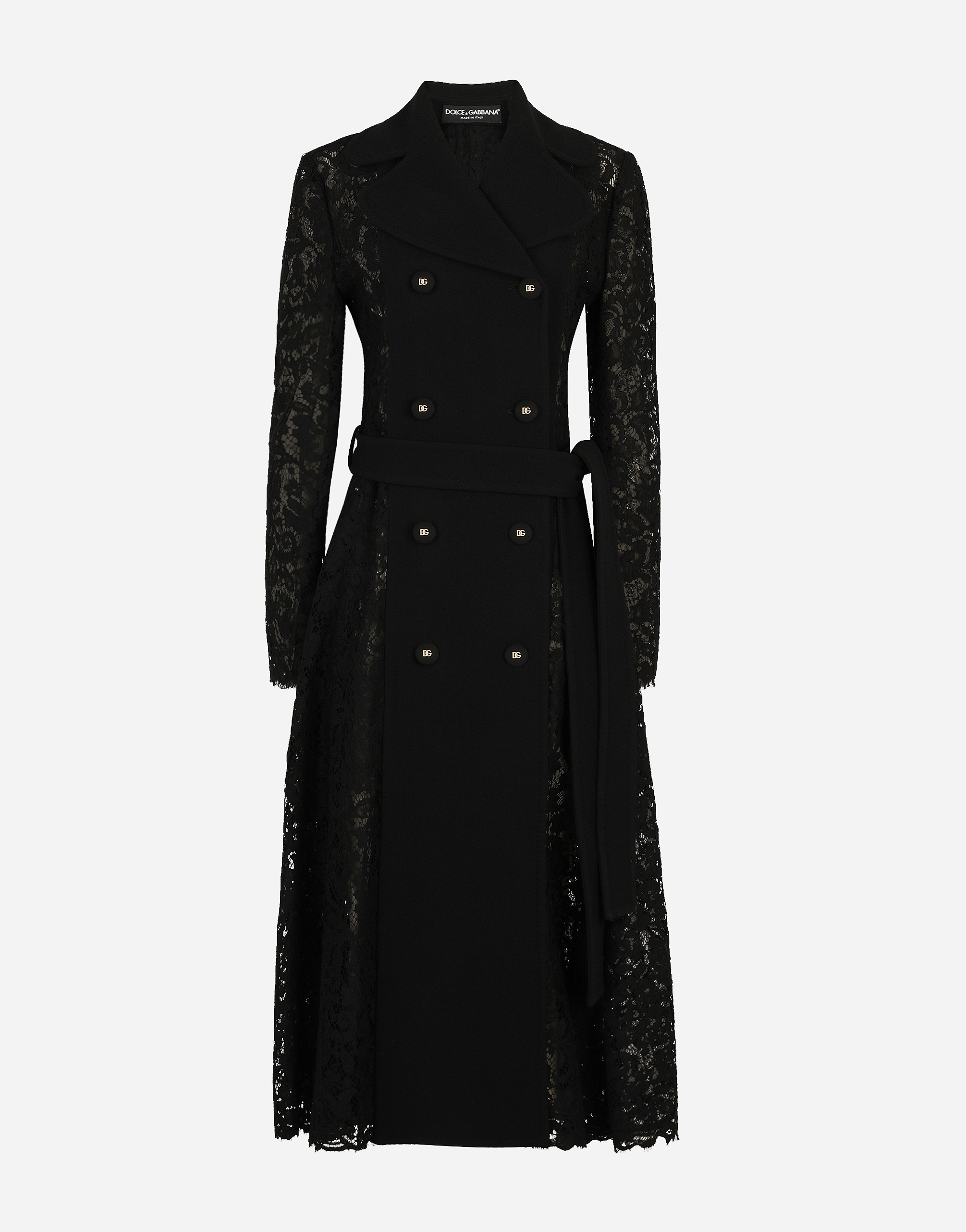 Dolce & Gabbana Cordonetto Lace And Crepe Coat With Belt In Black 