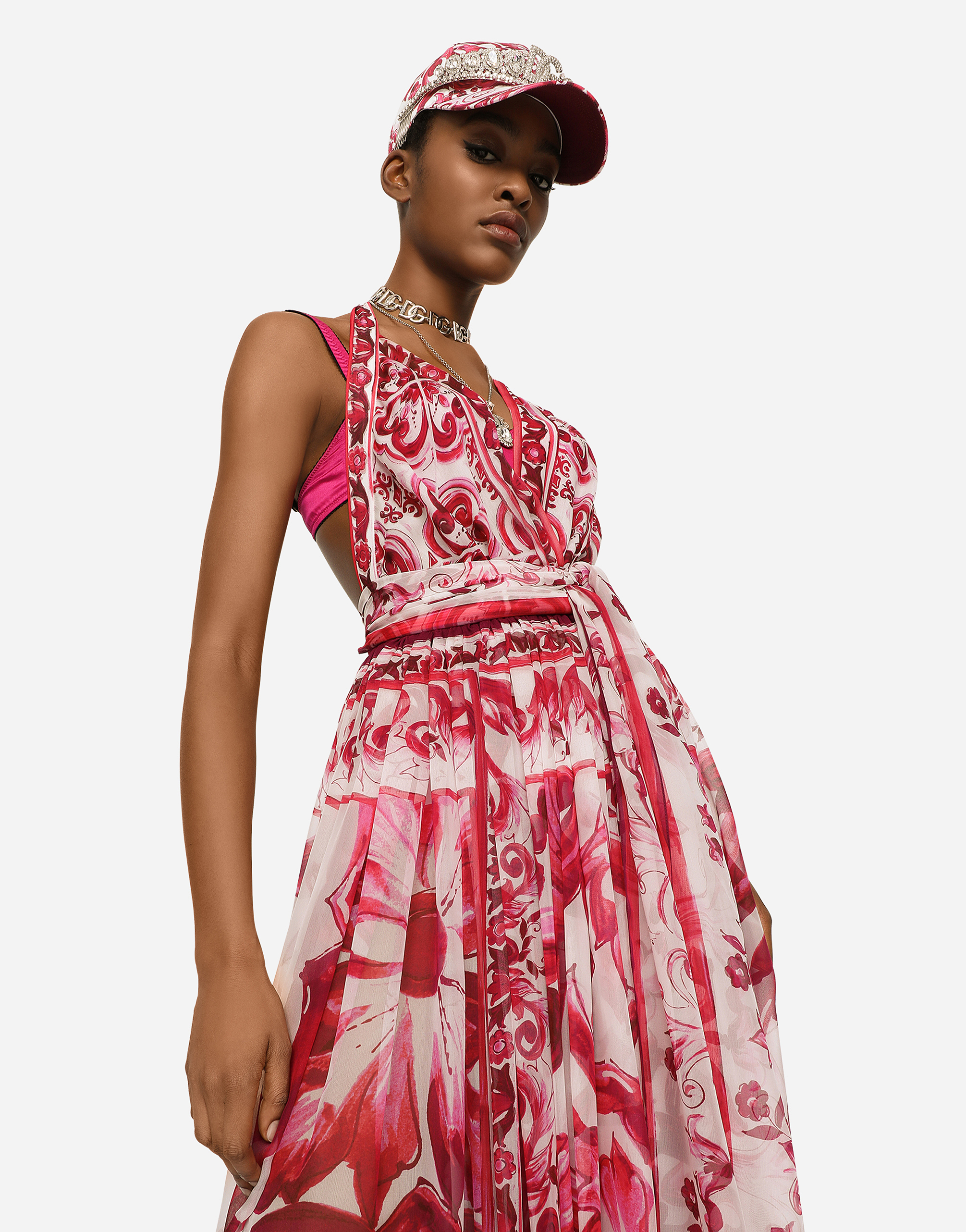 Shop Dolce & Gabbana Long Sleeveless Chiffon Dress With Majolica Print In Multicolor