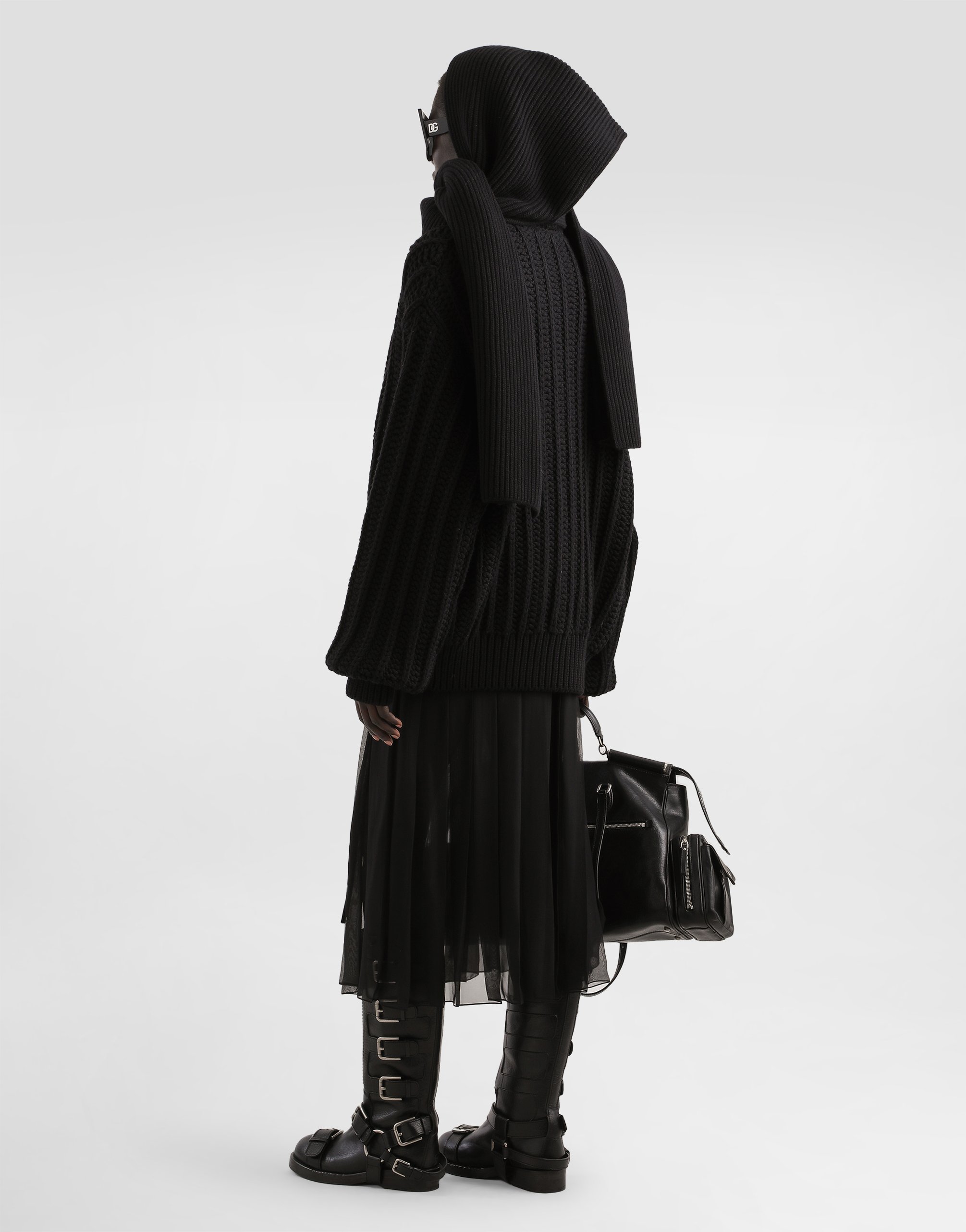 Dolce & Gabbana Twill Midi Skirt With Chiffon In Black